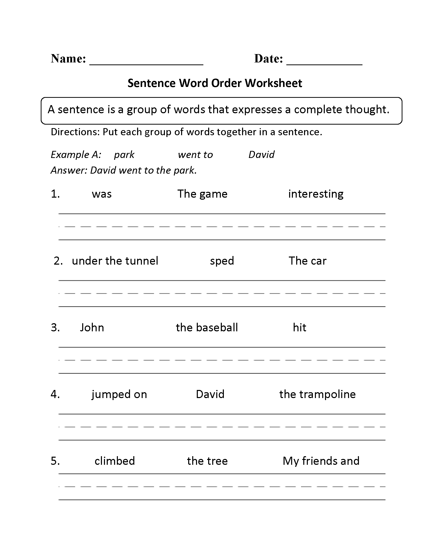 Free Printable Sentence Building Worksheets