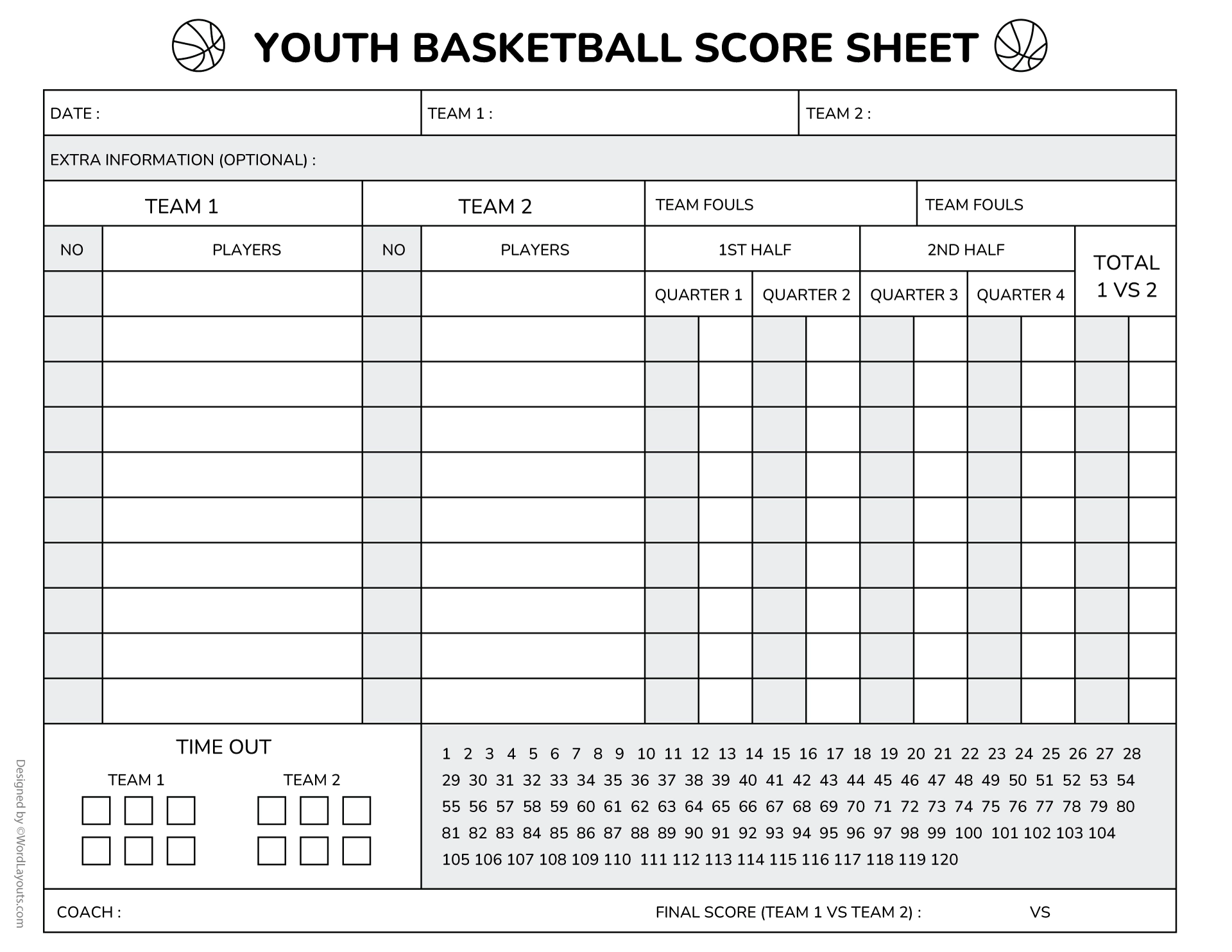 Shot Chart Basketball Score Sheet Template WordLayouts