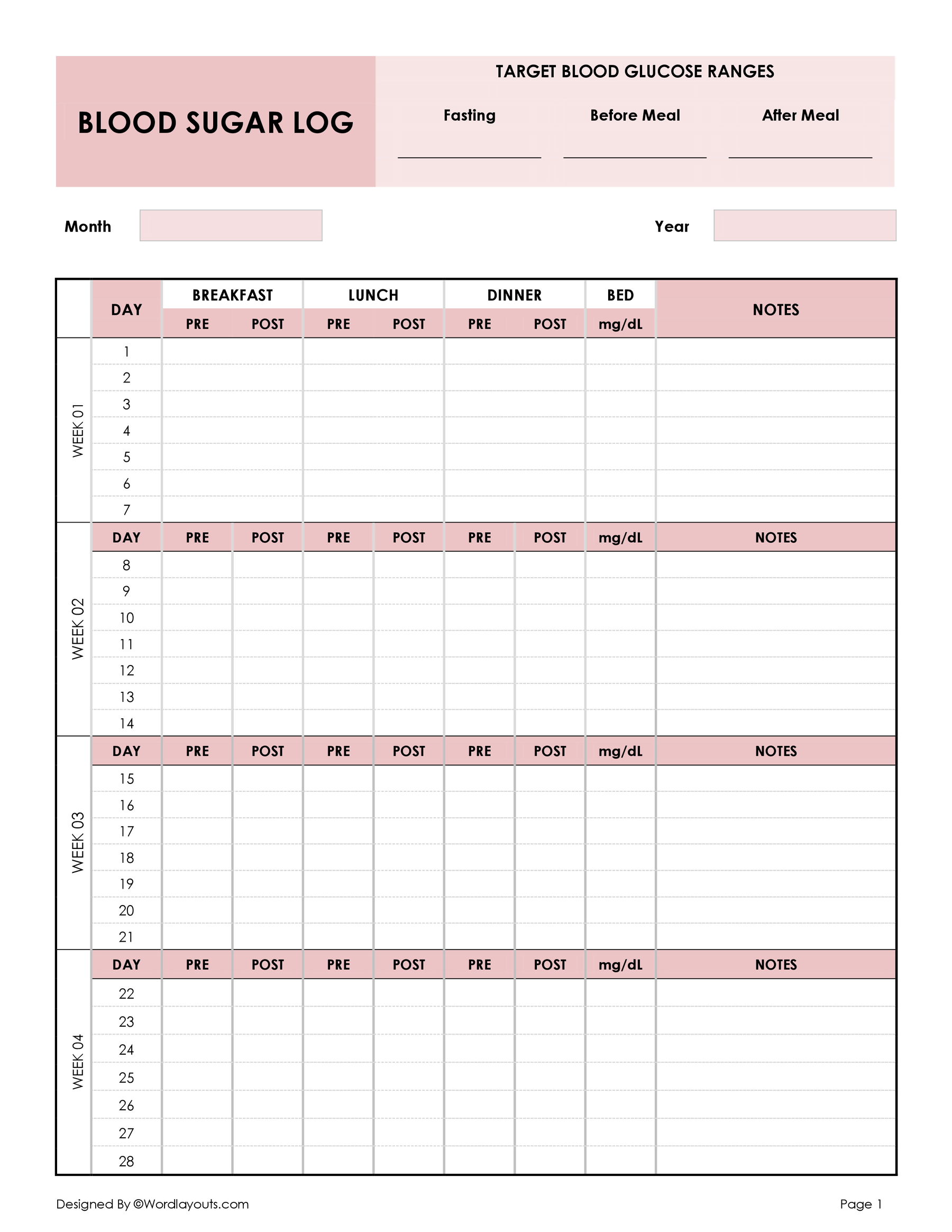 Diabetes Log Sheet Free Printable