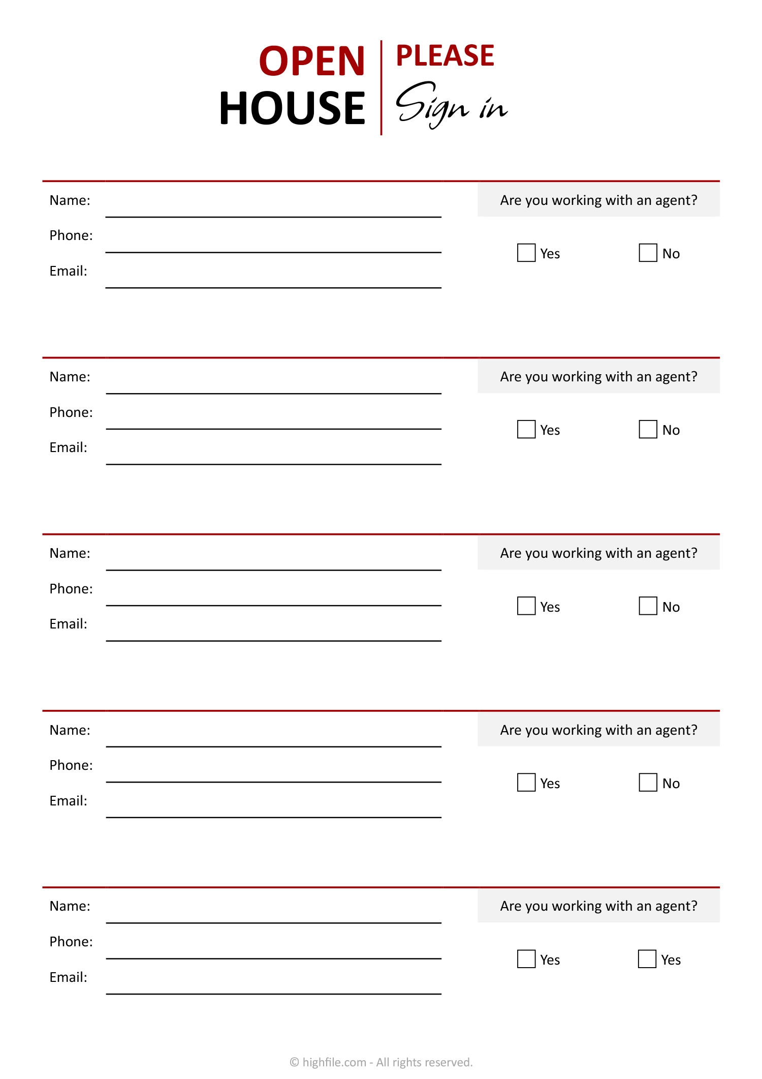 Simple Open House Sign In Sheet Word Google Docs PDF Highfile