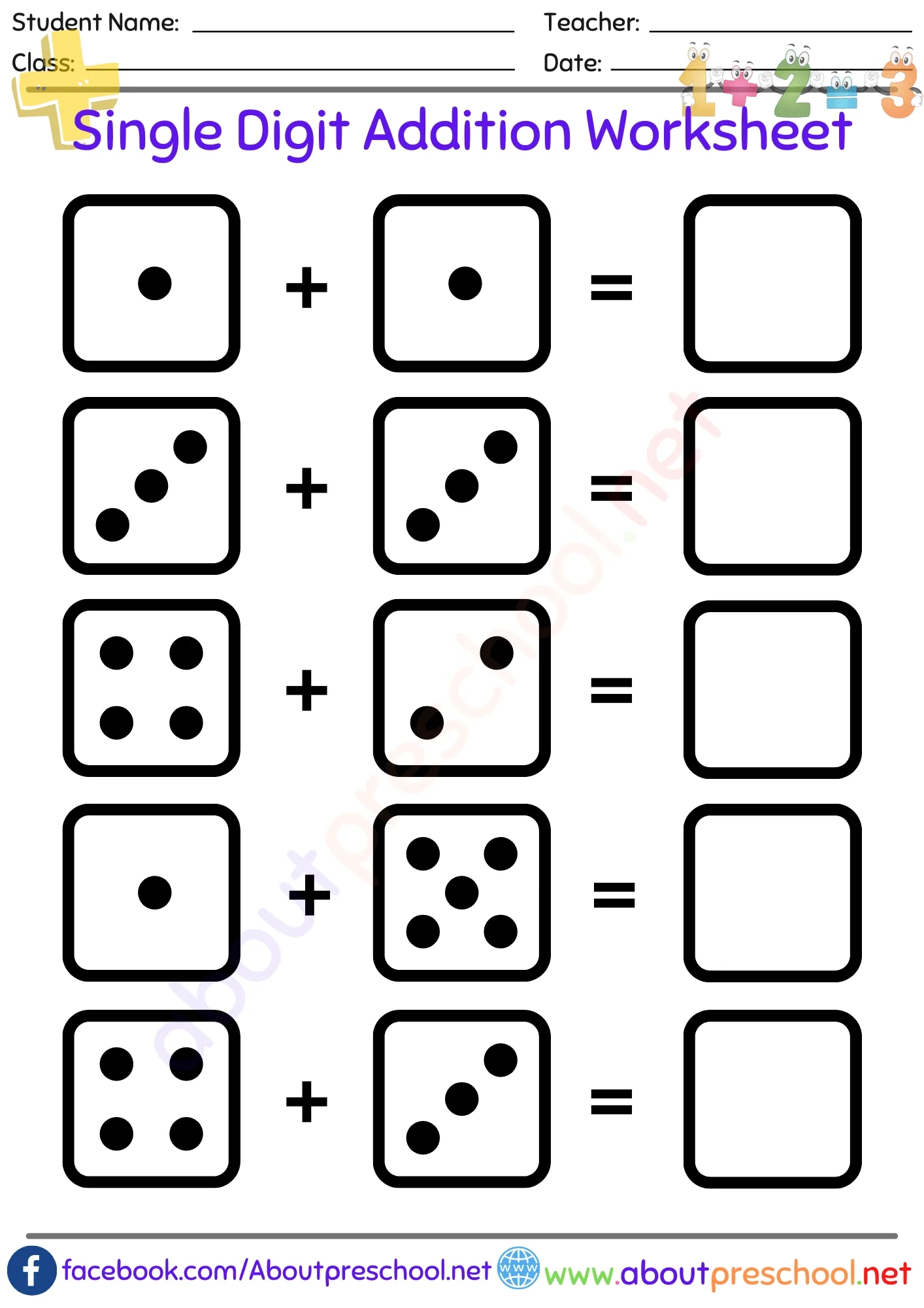 Single Digit Addition Printable Worksheets