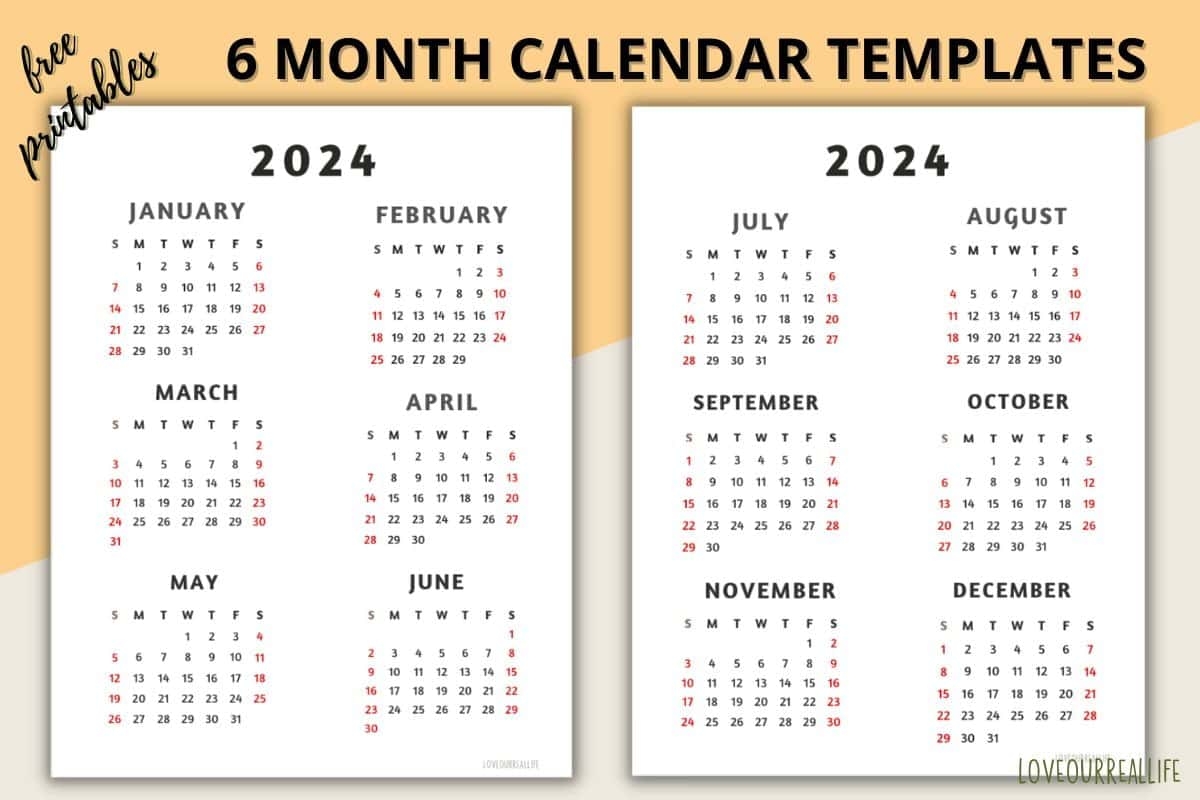 Free Printable 6 Month Calendar