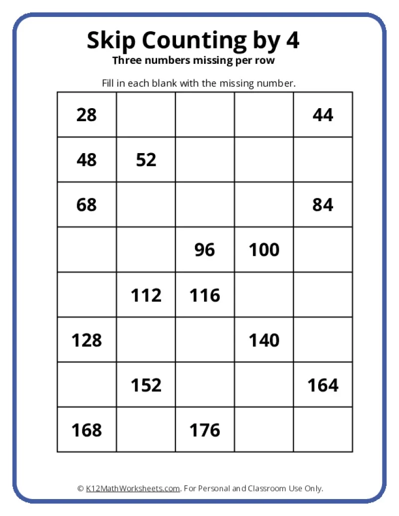 Skip Counting By 4 K12 Math Worksheets