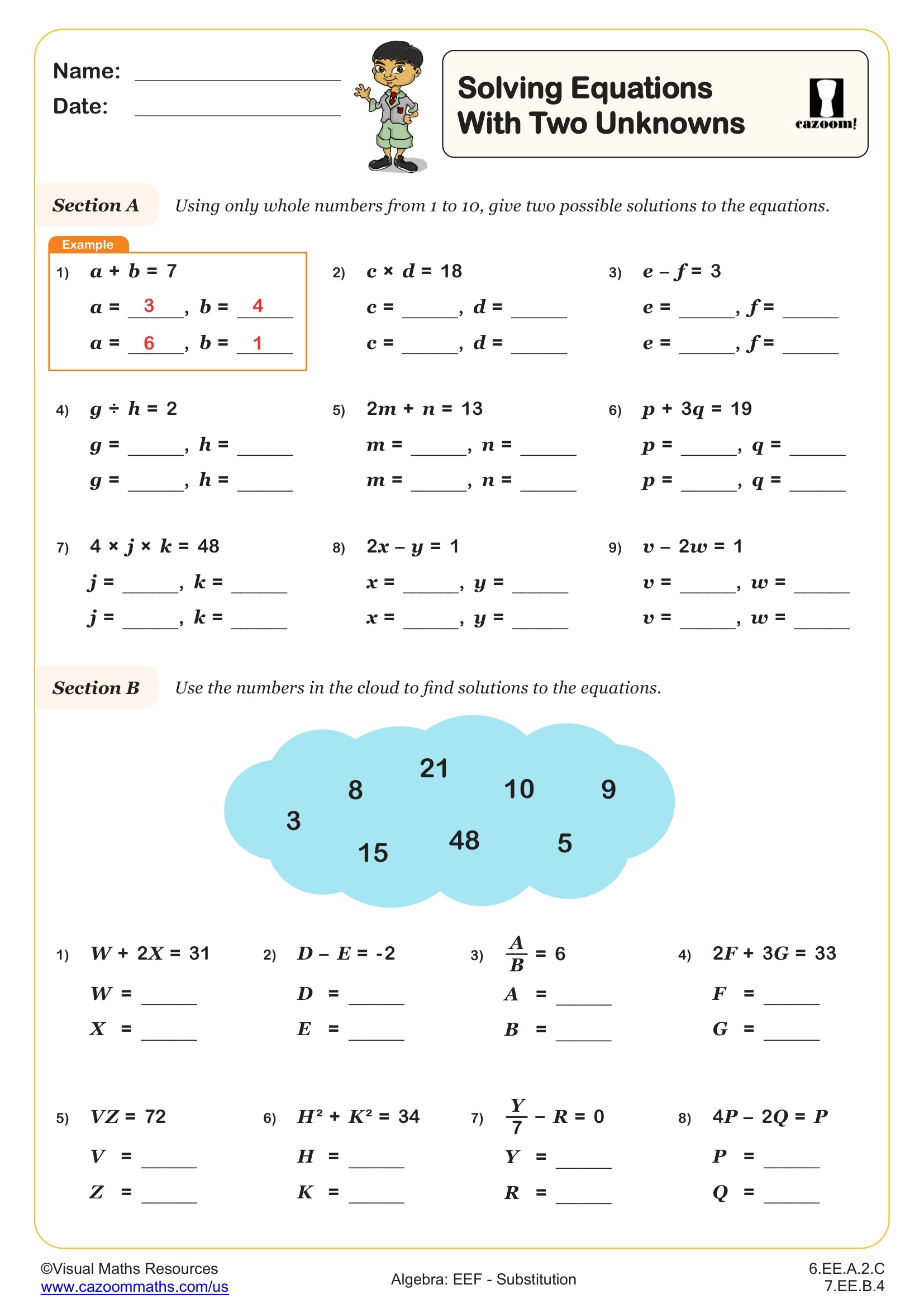 Solving Equations With Two Unknowns Worksheet Fun And Engaging 6th Grade And 7th Grade Algebra EEF Worksheet Cazoom Math
