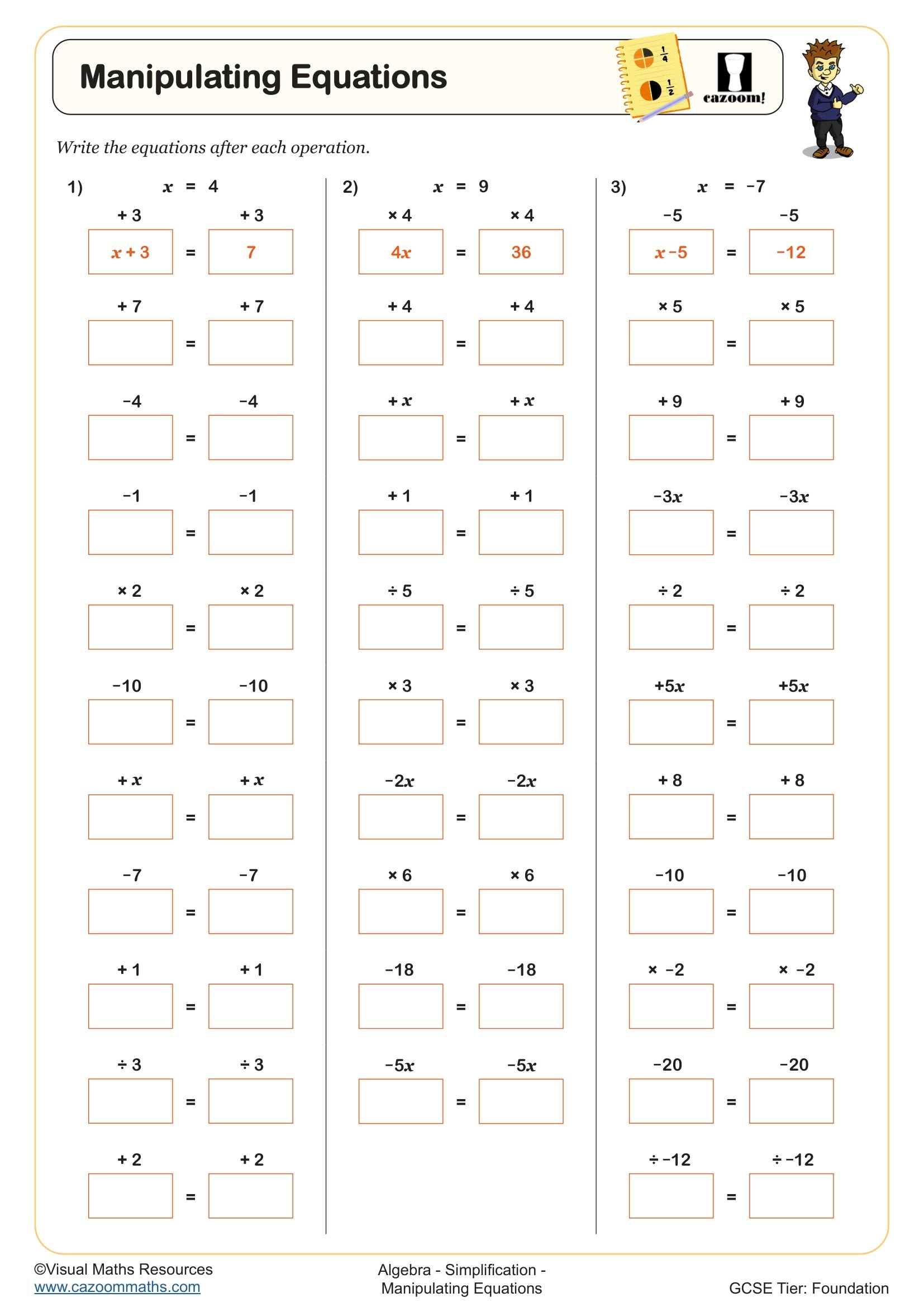 Math Equations Printable Worksheets