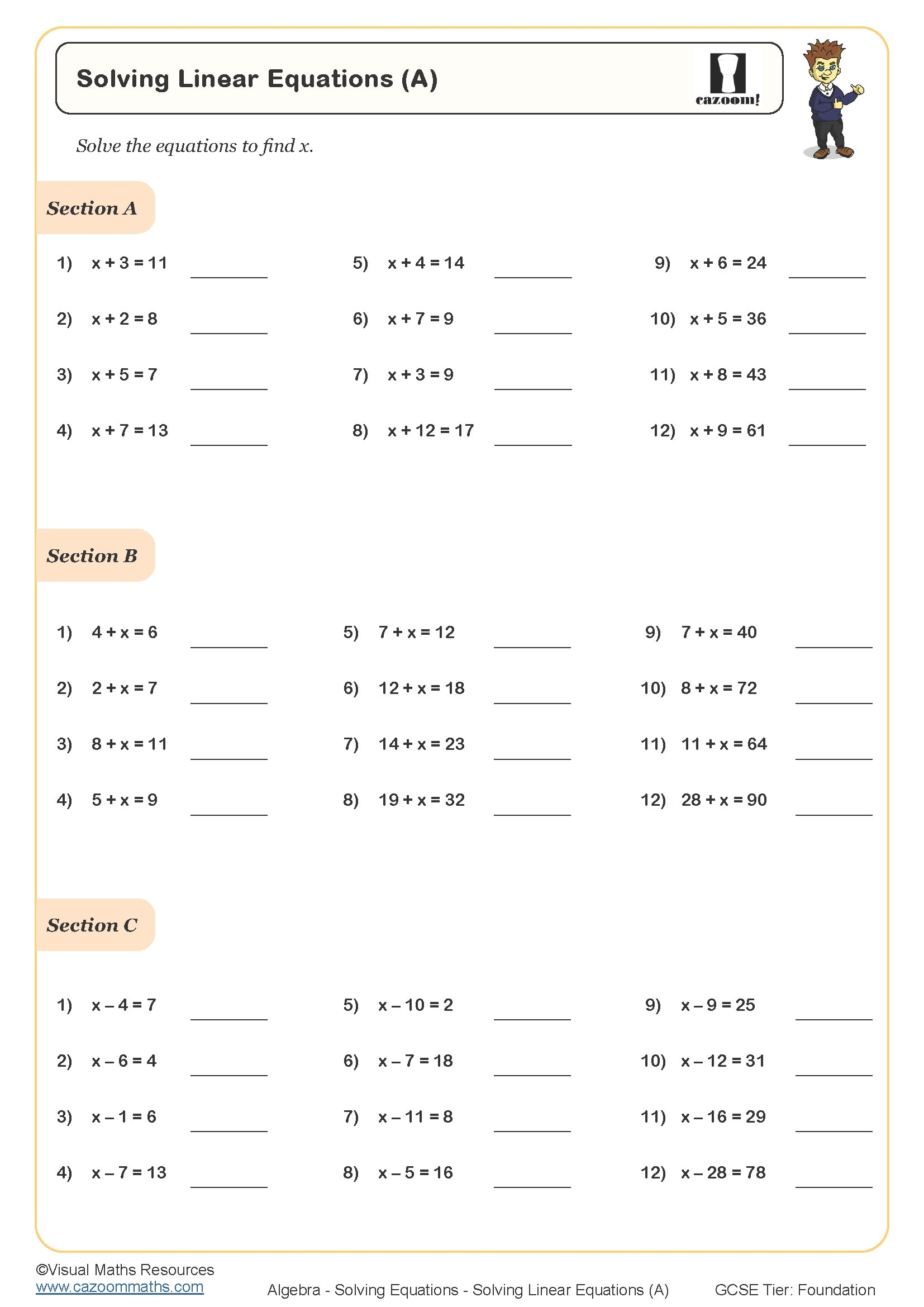 Printable Solving Equations Worksheets