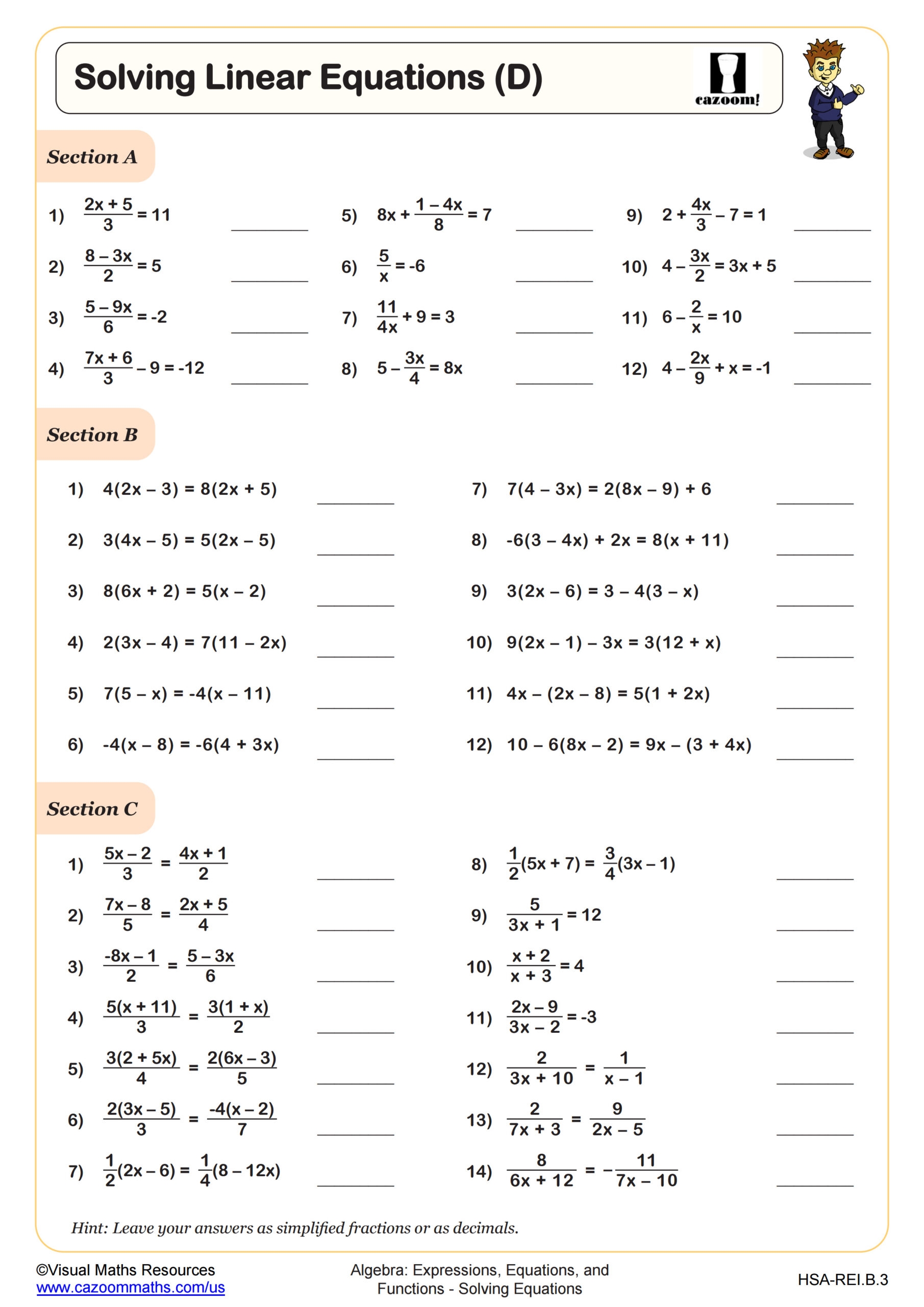 Solving Linear Equations D Worksheet PDF Printable Algebra Worksheet Cazoom Math