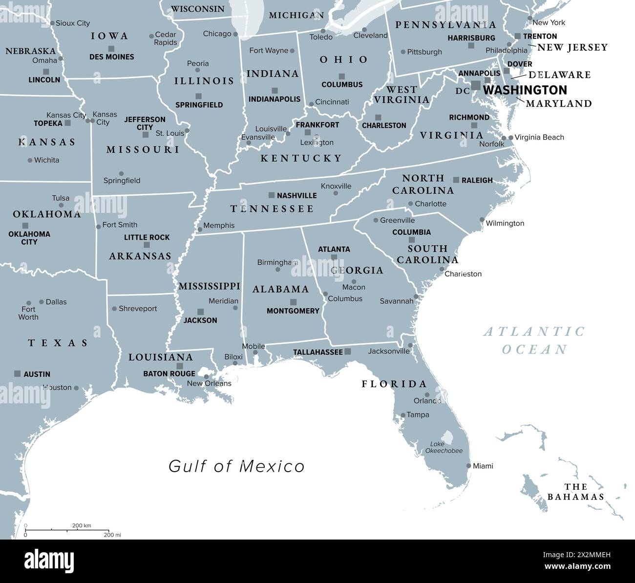 Southeast Region South Of The United States Gray Political Map Geographic And Cultural Region Also Referred To As The Southern United States Stock Photo Alamy