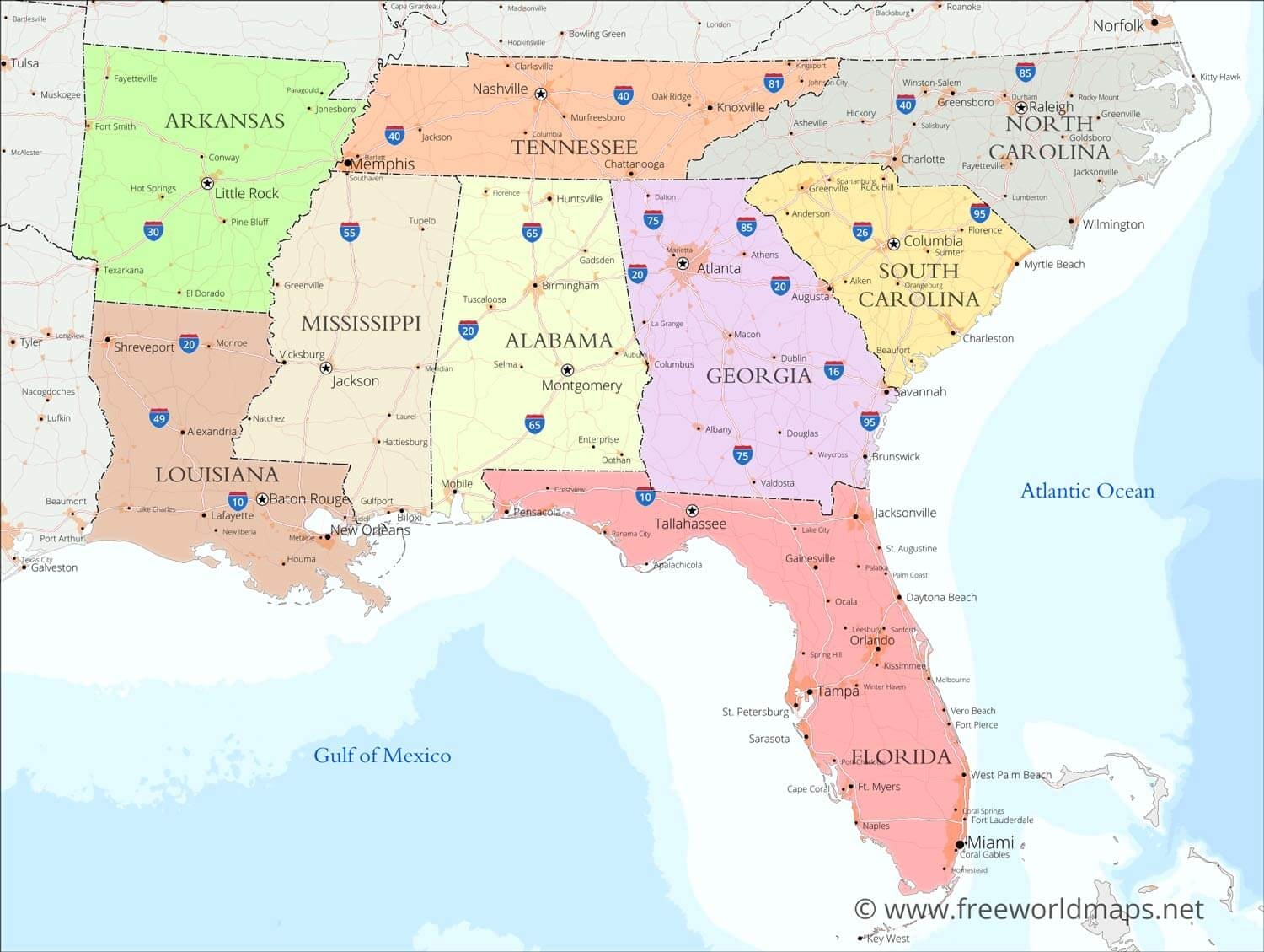 Printable Map Of The Southern States