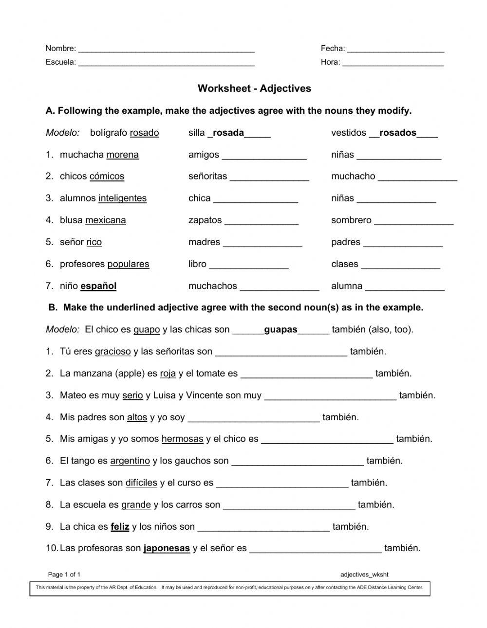 SPANISH ADJECTI Free Interactive Worksheets 4381461