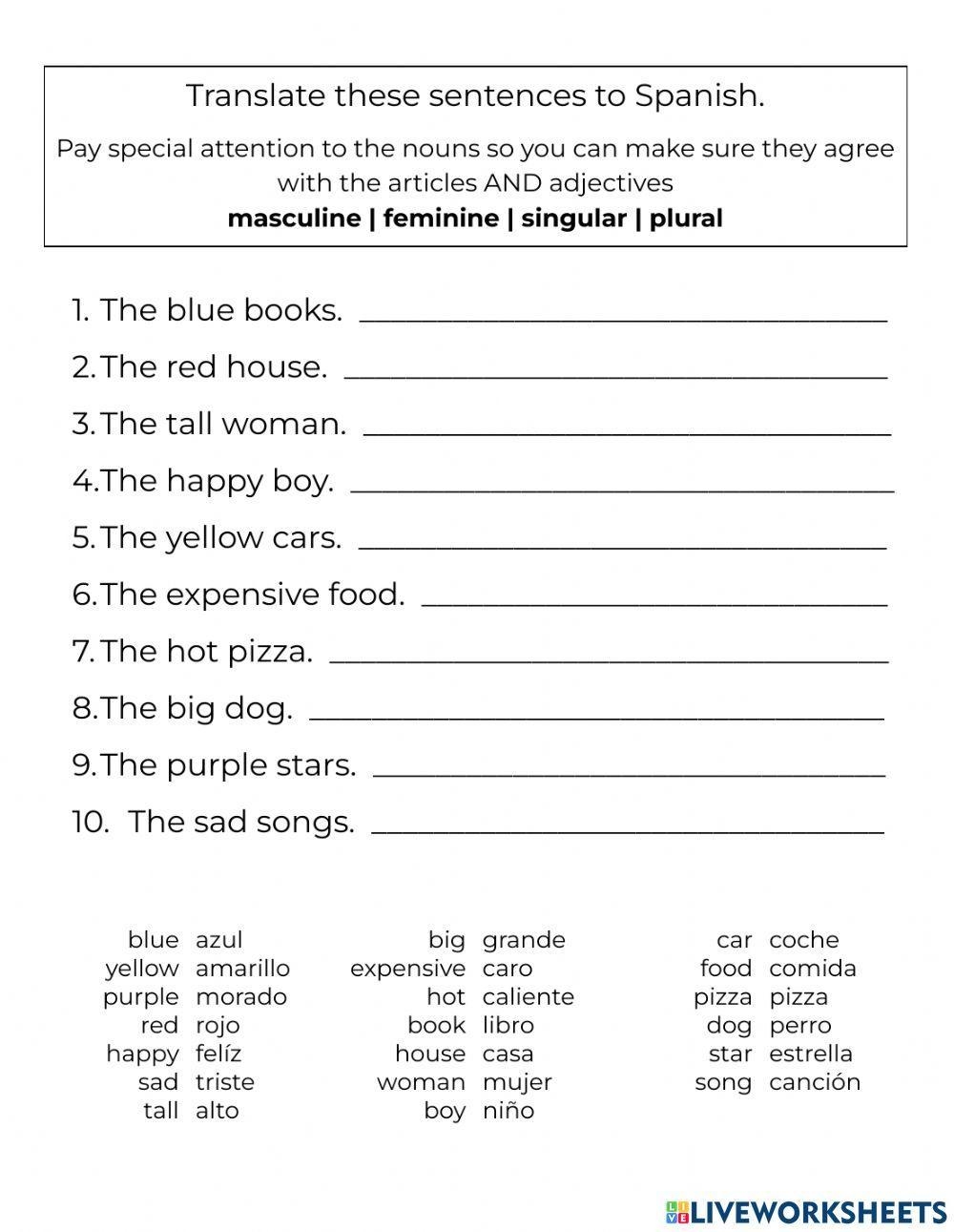 Printable Spanish Adjectives Worksheet