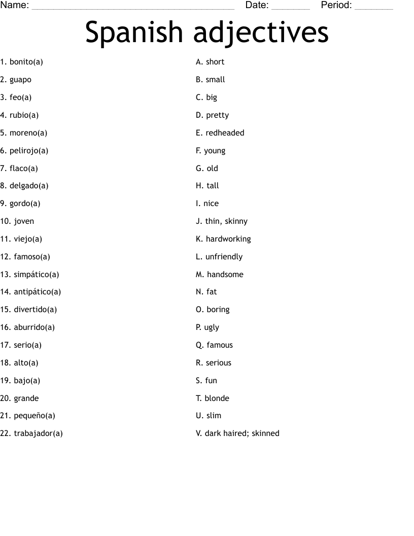 Printable Spanish Adjectives Worksheet