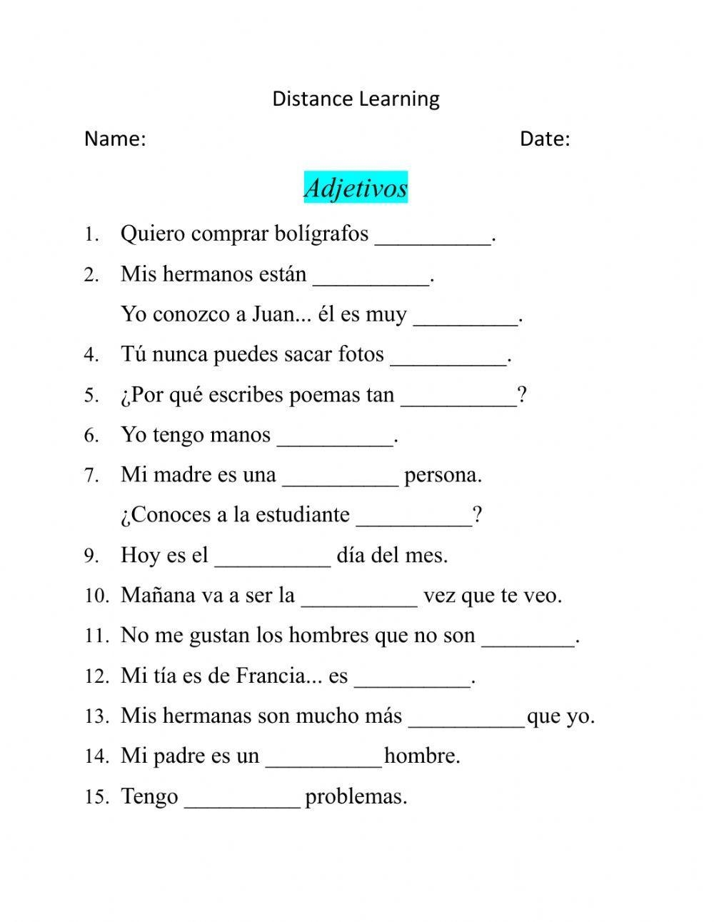 Spanish Adjectives Worksheet Worksheets Library
