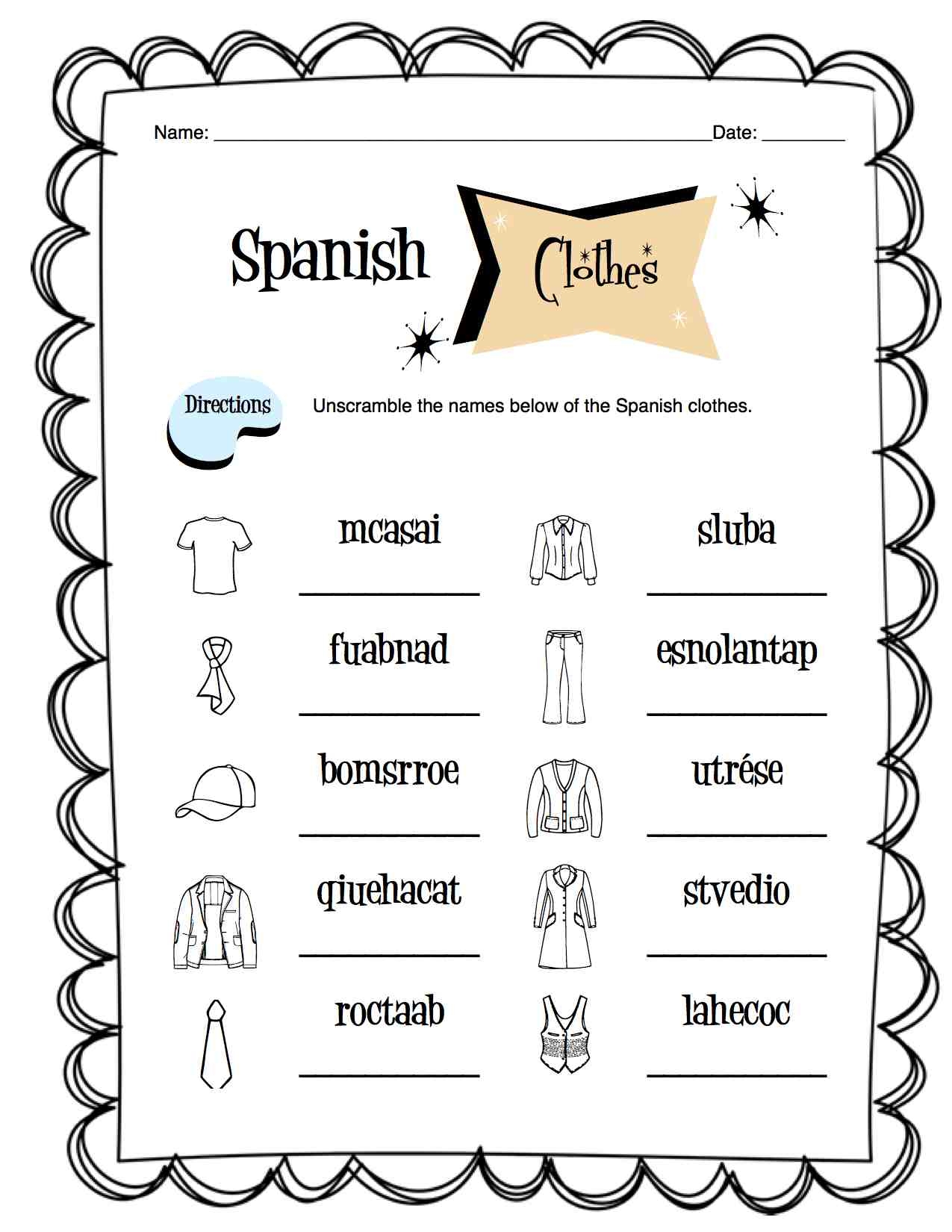 Spanish Clothing Items Worksheet Packet