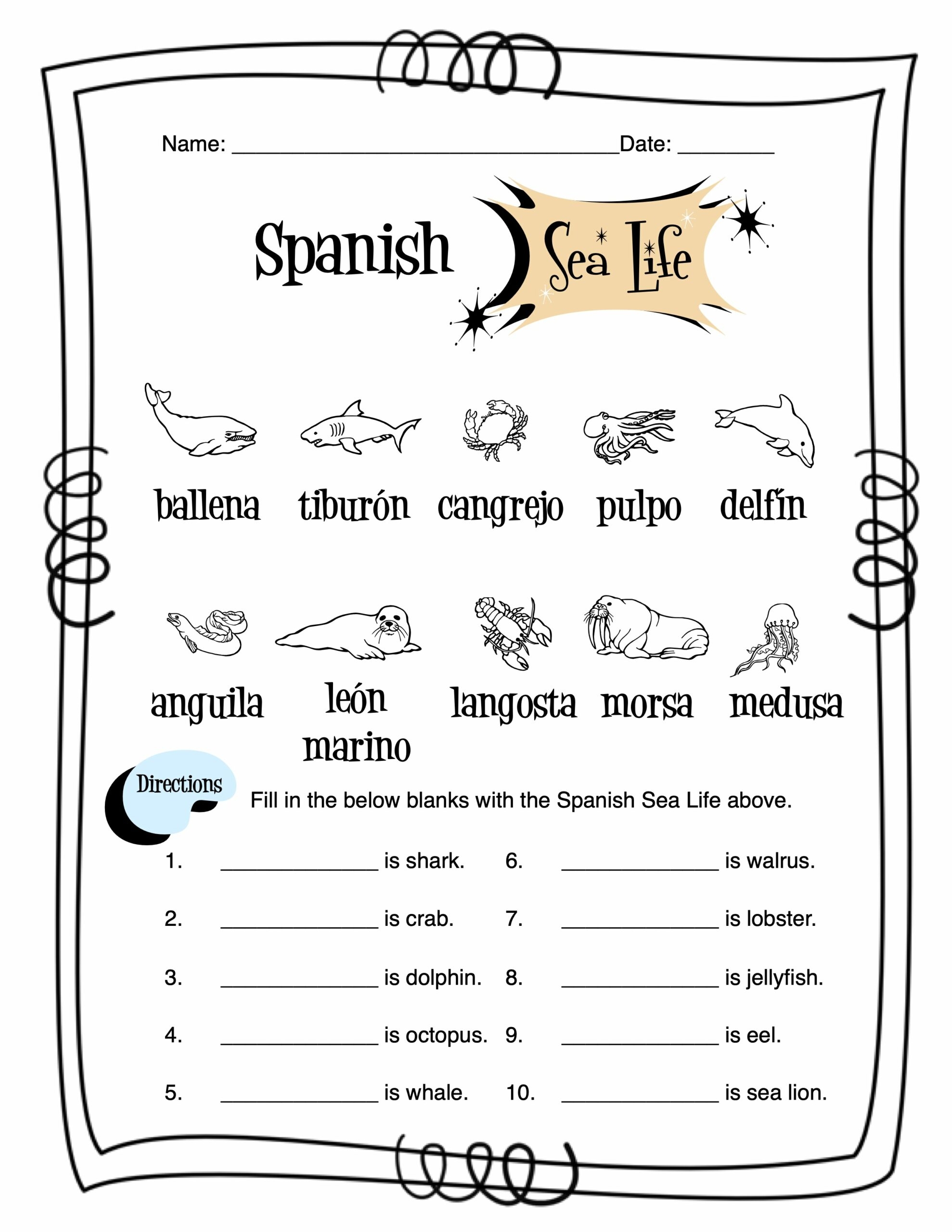 Spanish Sea Life Worksheet Packet Made By Teachers
