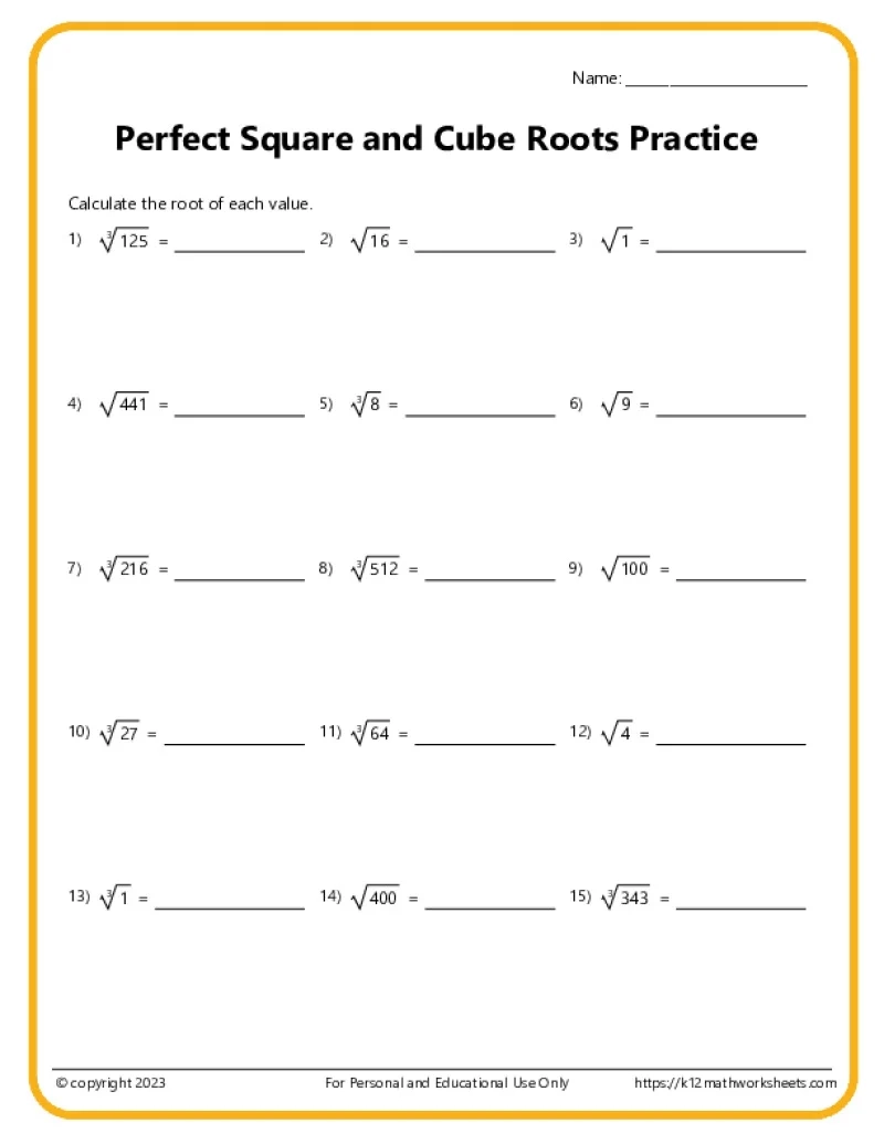Printable Square Root Worksheets
