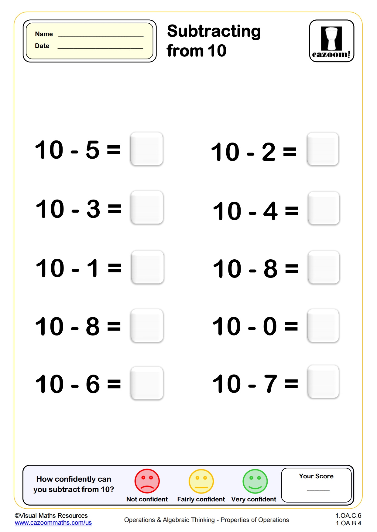 Subtracting From 10 Drills 10 Questions PDF Printable Operations And Algebraic Thinking Worksheets