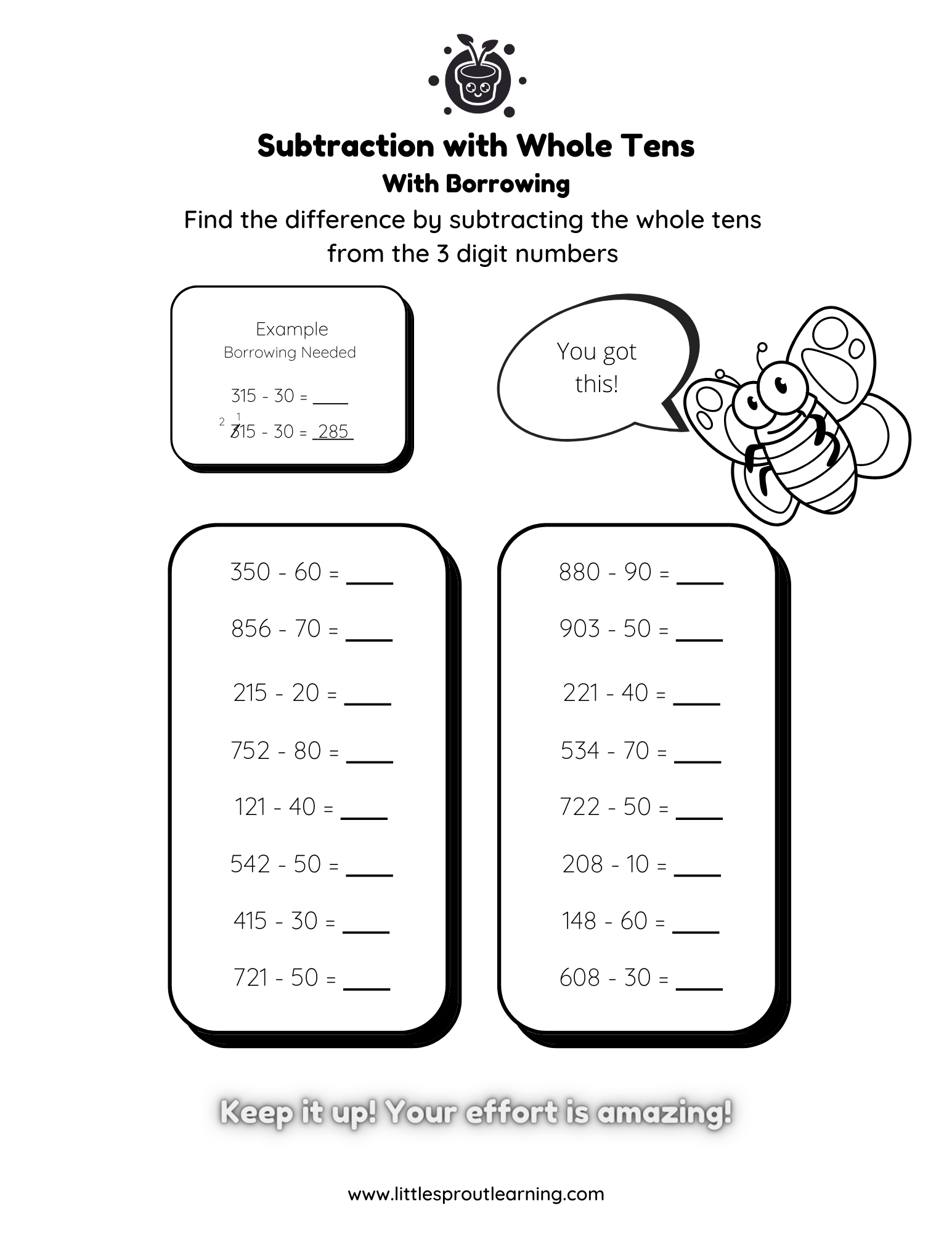 Subtracting With Whole Tens With Borrowing Little Sprout