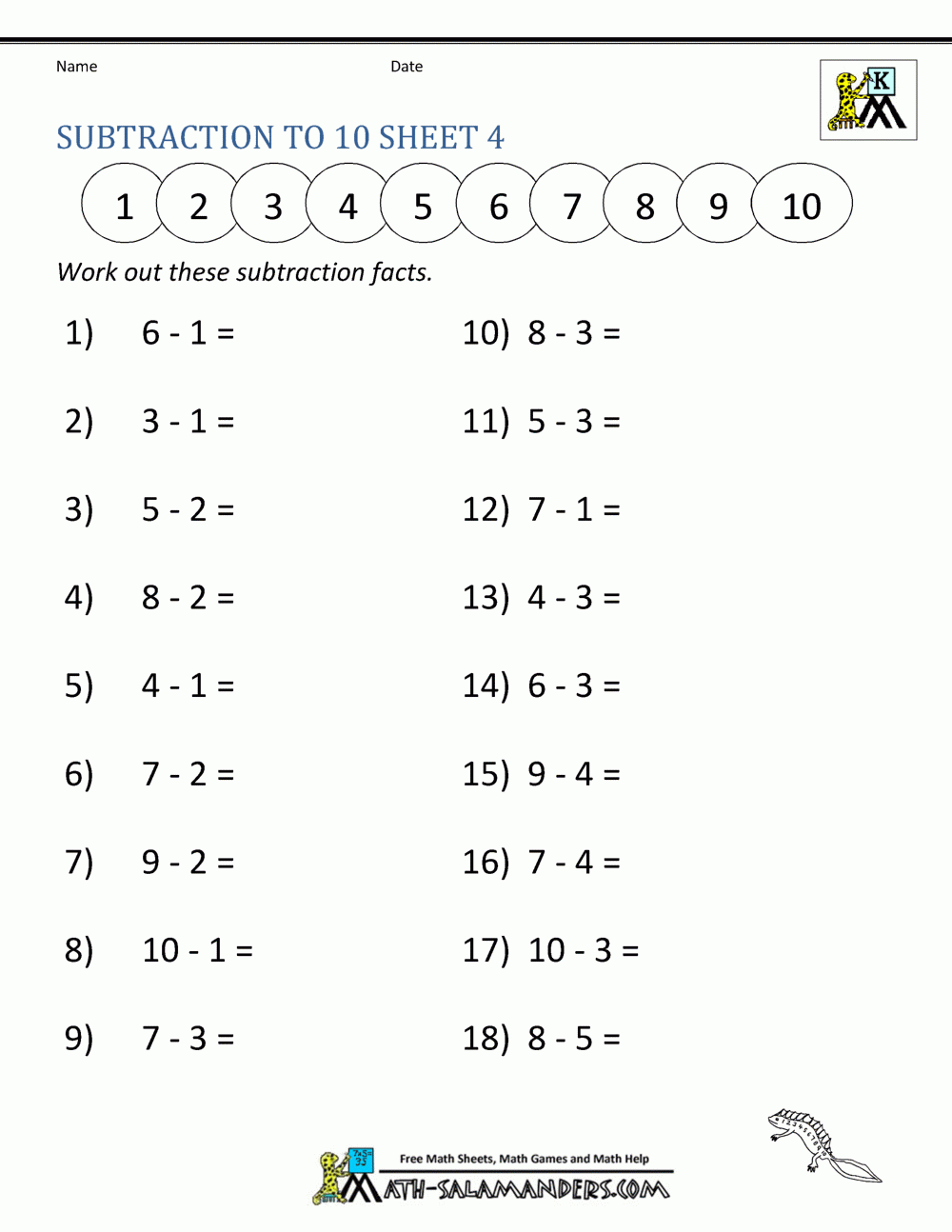 Free Printable Subtraction To 10 Worksheets