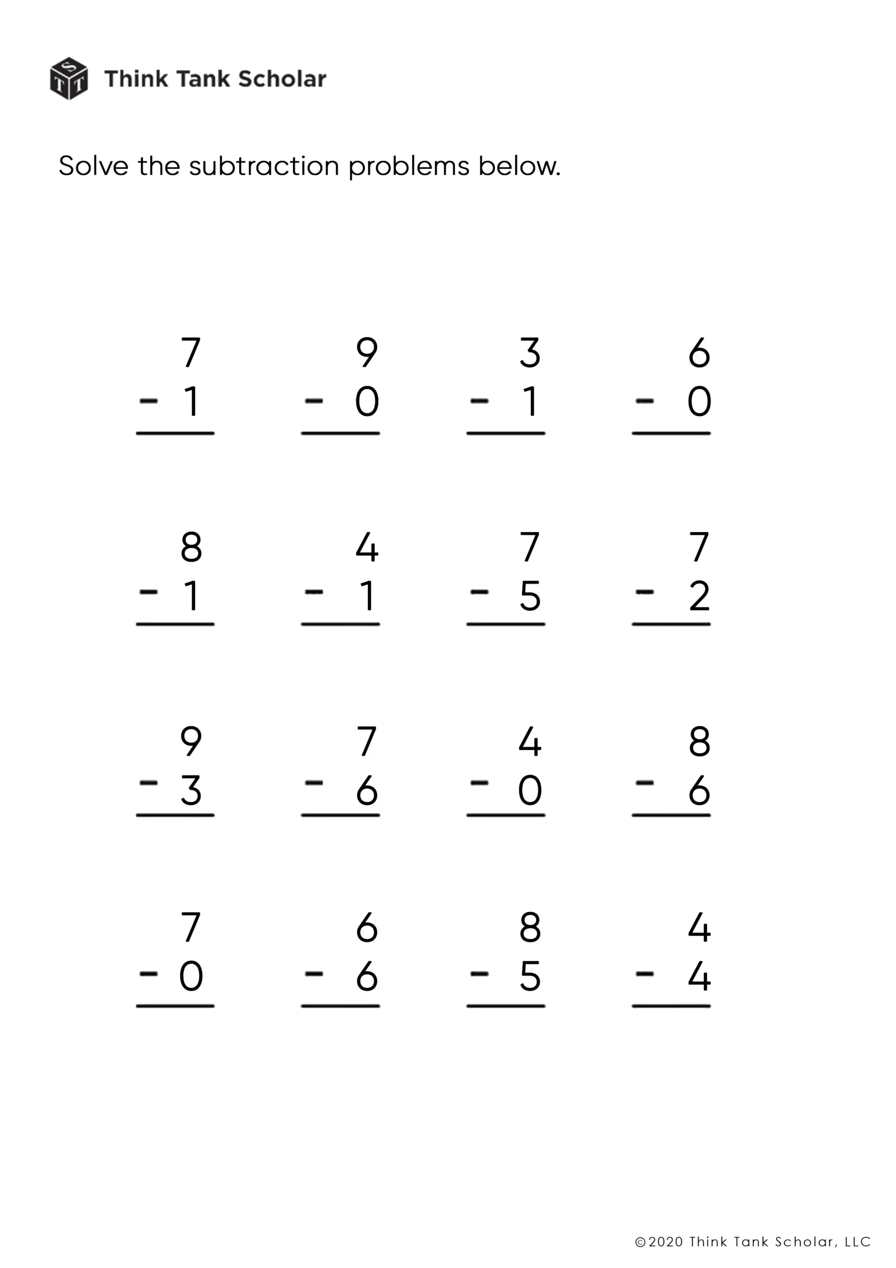 Subtraction Worksheets Exercises Printable PDF FREE Think Tank Scholar