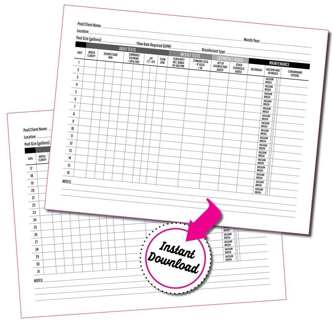 Swimming Pool Maintenance Log Instant Download 31 Day Perpetual Calendar 2 Pp 8 5x11 Print Separately Or 2 sided 3 hole punchable Etsy