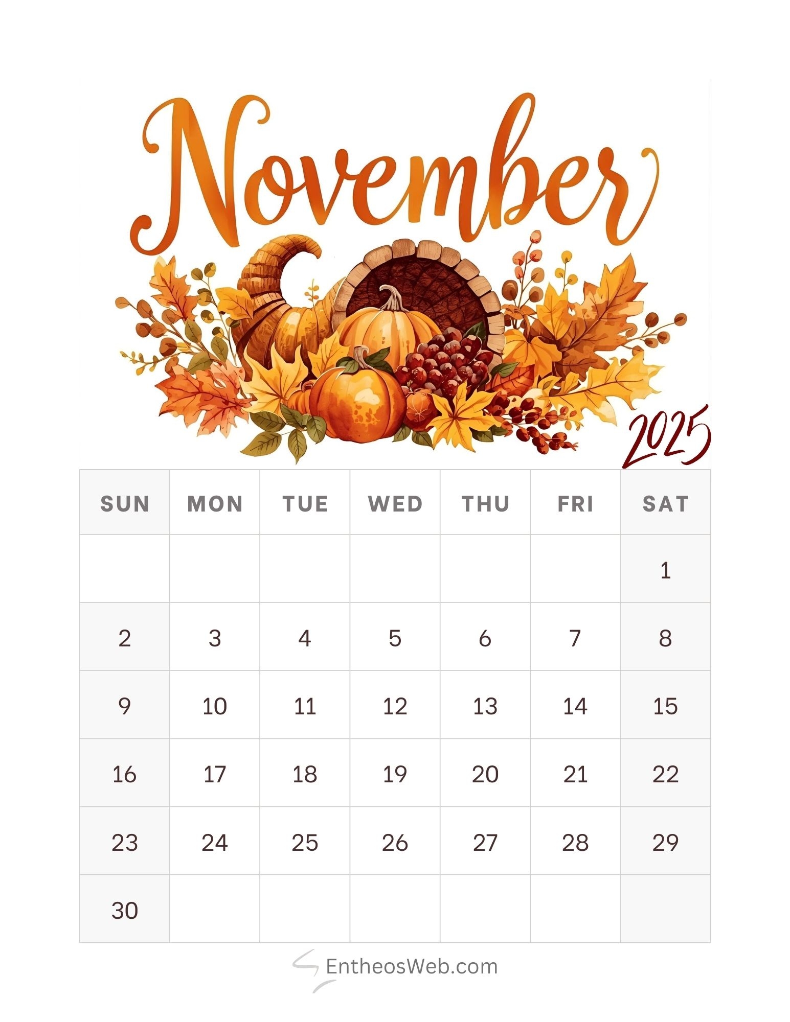 Thanksgiving November Printable Calendar EntheosWeb