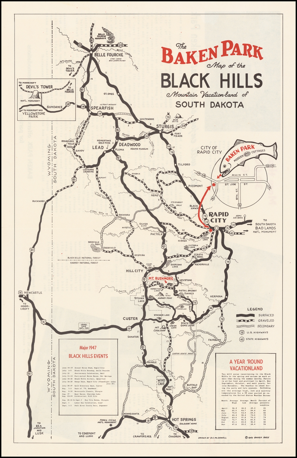 The Baken Park Map Of The Black Hills Mountain Vaction Land Of South Dakota Barry Lawrence Ruderman Antique Maps Inc 