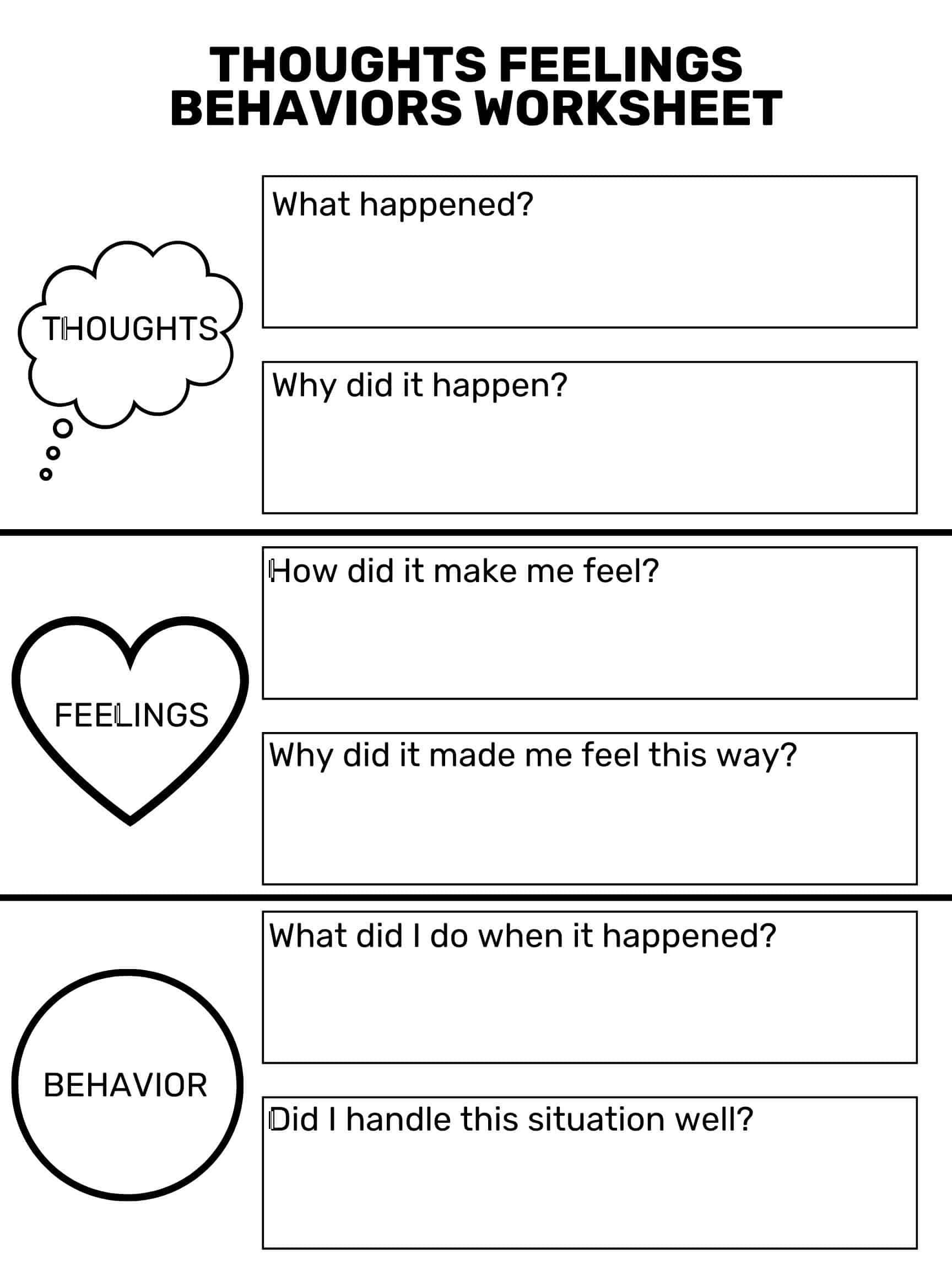 Printable Thoughts Feelings Behaviors Worksheet