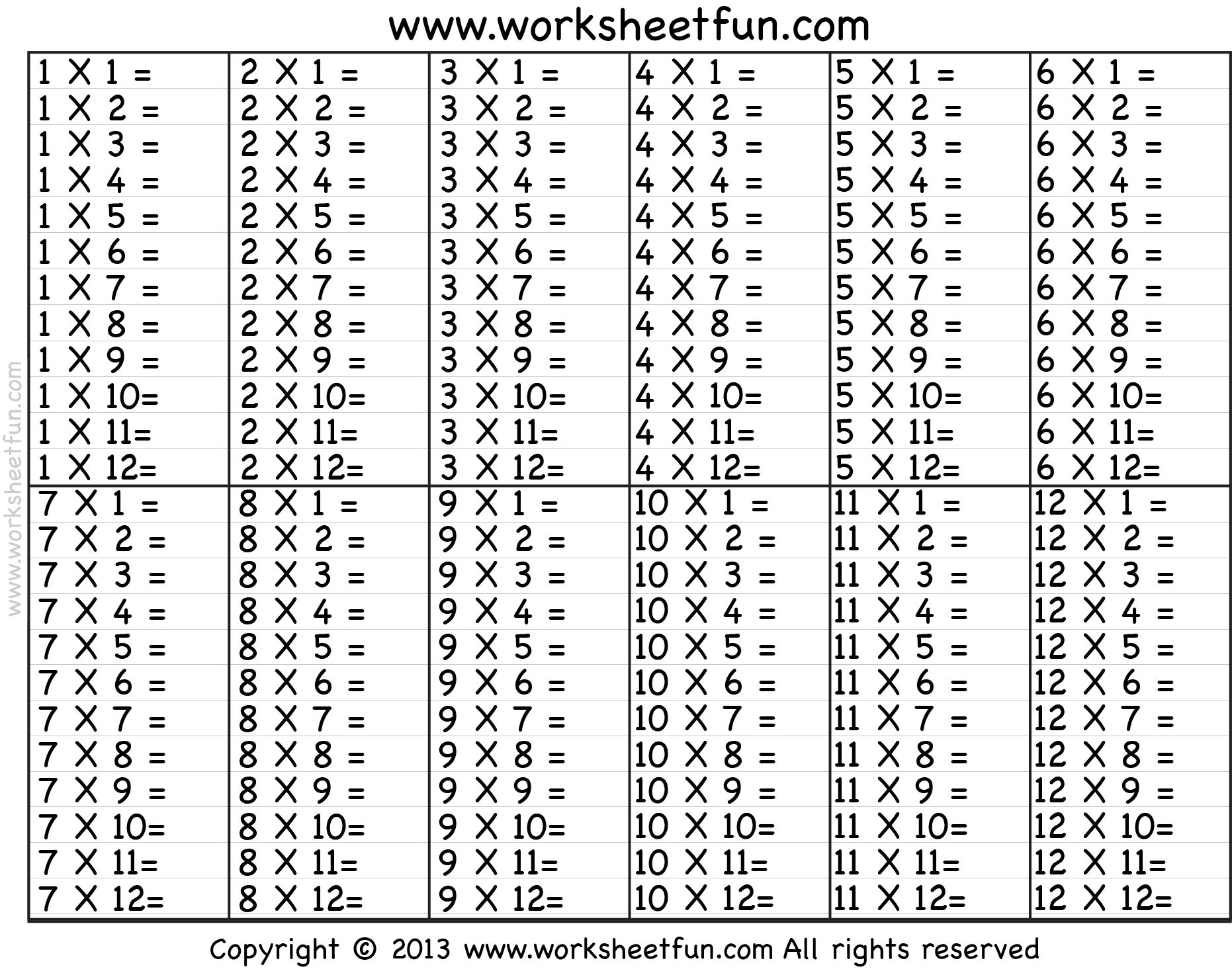 Printable Times Table Worksheets
