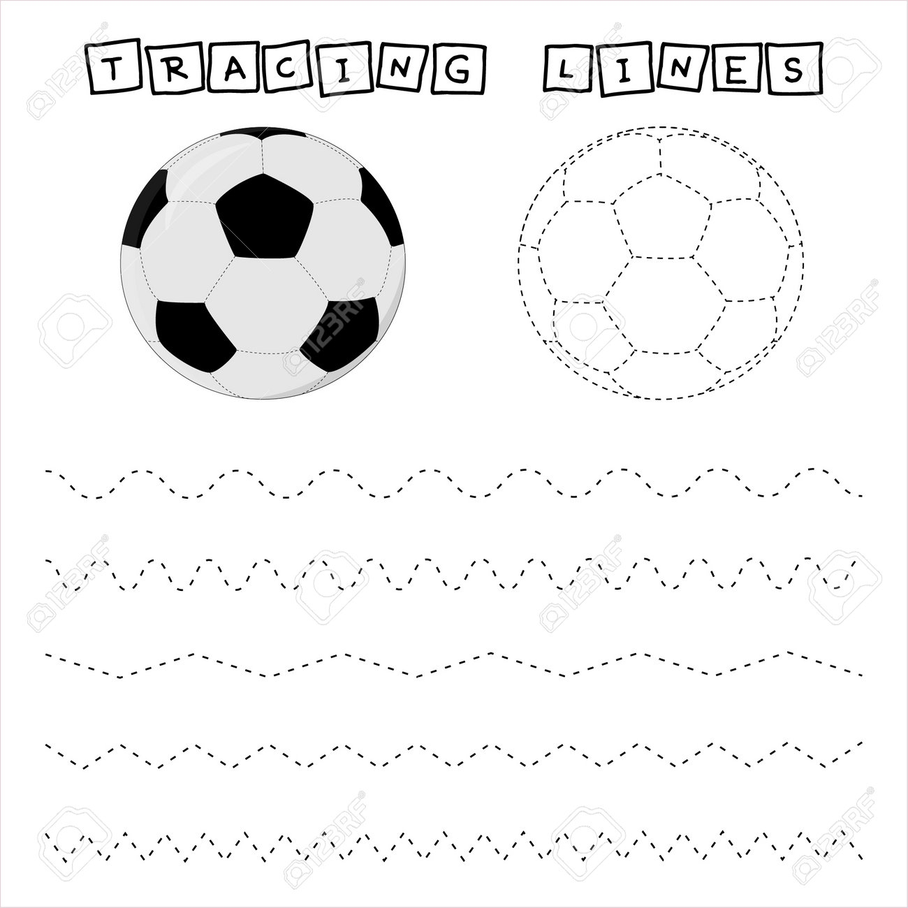 Tracing Lines Game With Football Balls Worksheet For Preschool Kids Kids Activity Sheet Printable Worksheet Royalty Free SVG Cliparts Vectors And Stock Illustration Image 179144826 