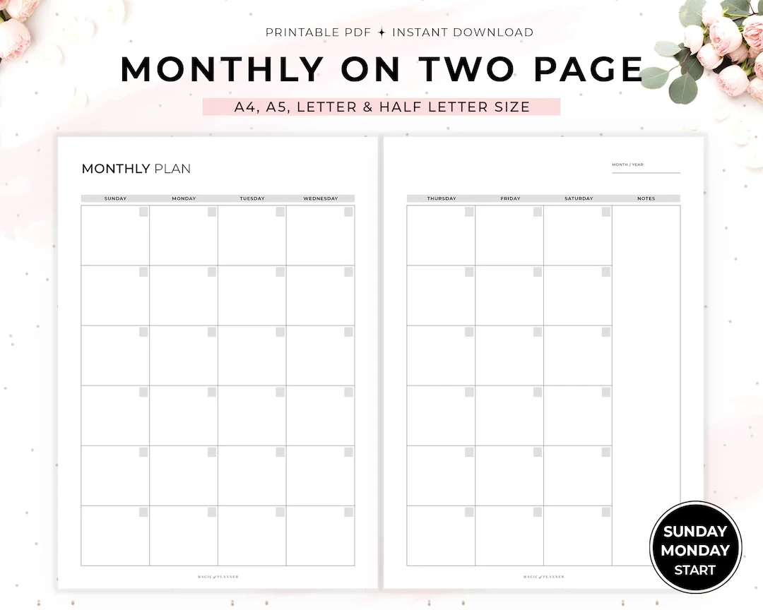Undated Monthly Planner Printable Month On Two Pages Monthly Calendar Inserts Sunday Monday Start A4 A5 Letter Half Letter Size Etsy