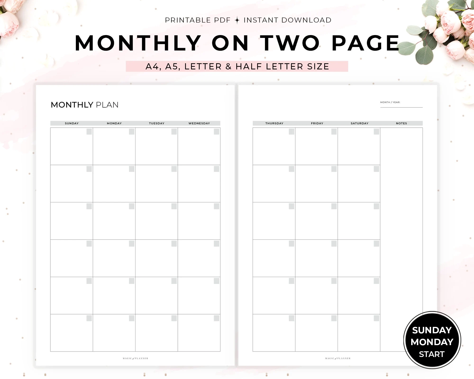 Undated Monthly Planner Printable Month On Two Pages Monthly Calendar Inserts Sunday Monday Start A4 A5 Letter Half Letter Size Etsy