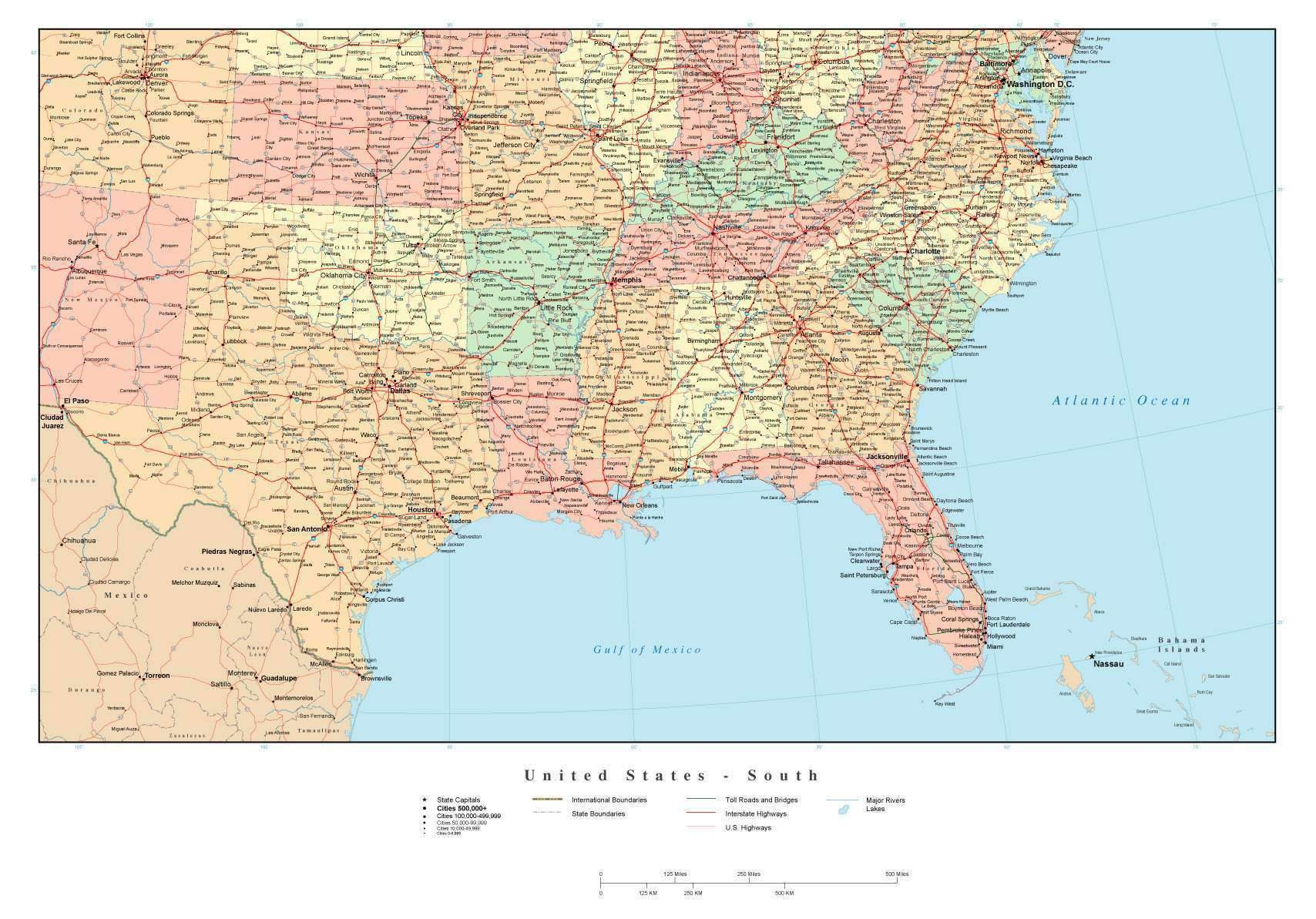 USA South Region Map With State Boundaries Highways And Cities Worksheets Library