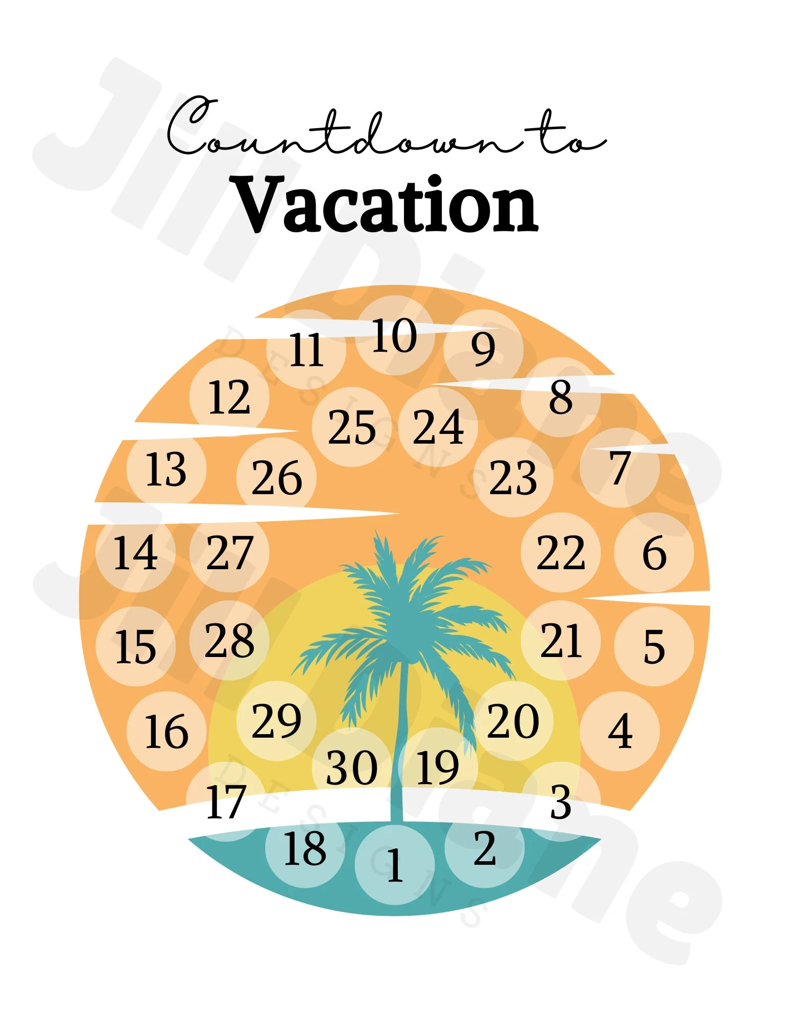 Vacation Countdown Printable Countdown Calendar 30 Days PDF Palm Tree Family Beach Summer Vacation Orange Yellow Teal Turquoise Etsy