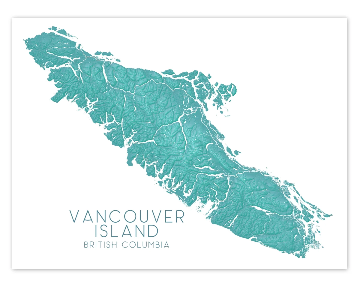 Vancouver Island BC Canada Turquoise Topographic Map Wall Art Print Po Maps As Art