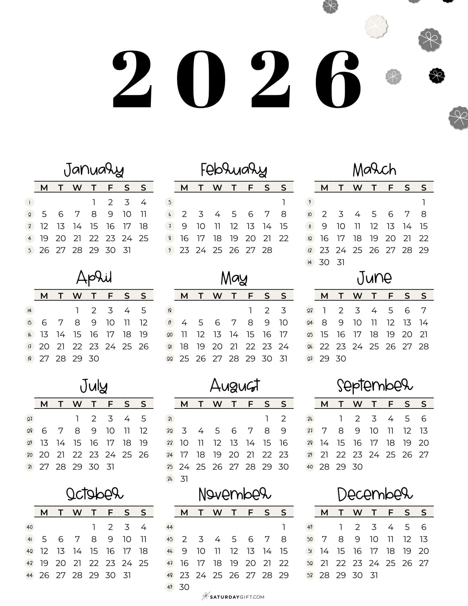 2026 Calendar With Week Numbers Printable
