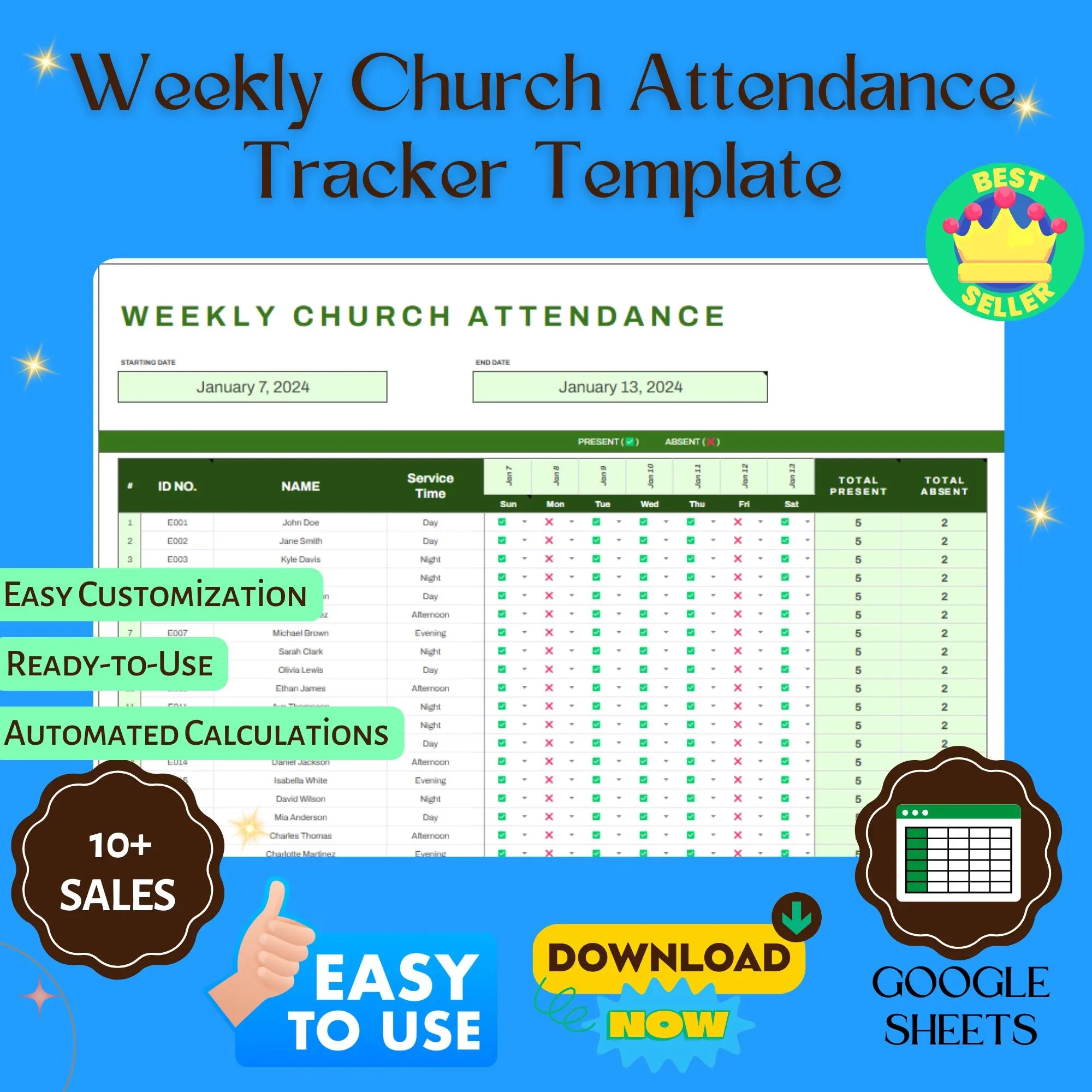 Weekly Church Attendance Tracker Template Editable Google Sheets Member Log Worship Service Event Attendance Church Growth Tools Etsy
