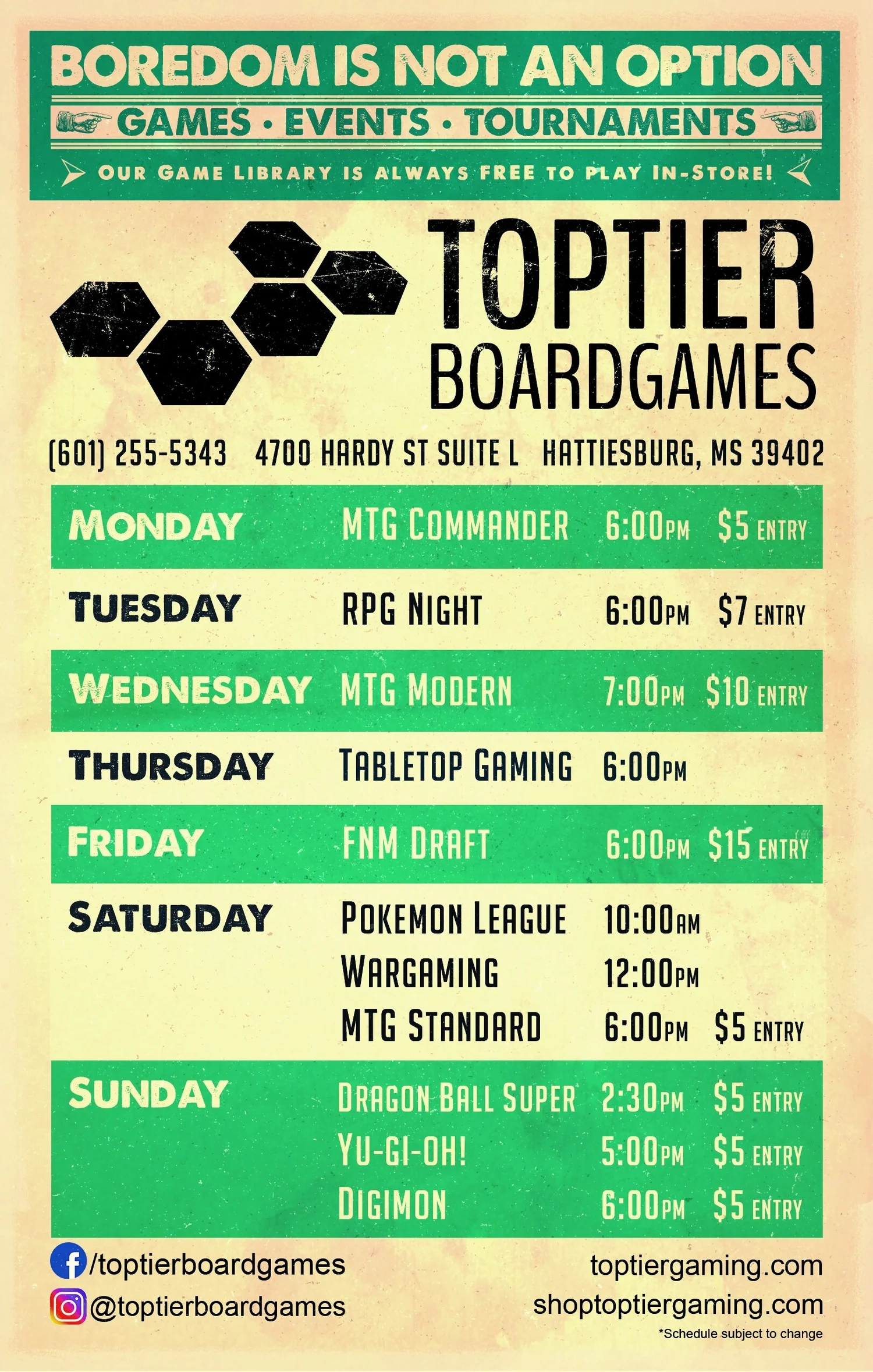 Weekly Event Schedule Top Tier Board Games Weekly Event Schedule Top Tier Board Games