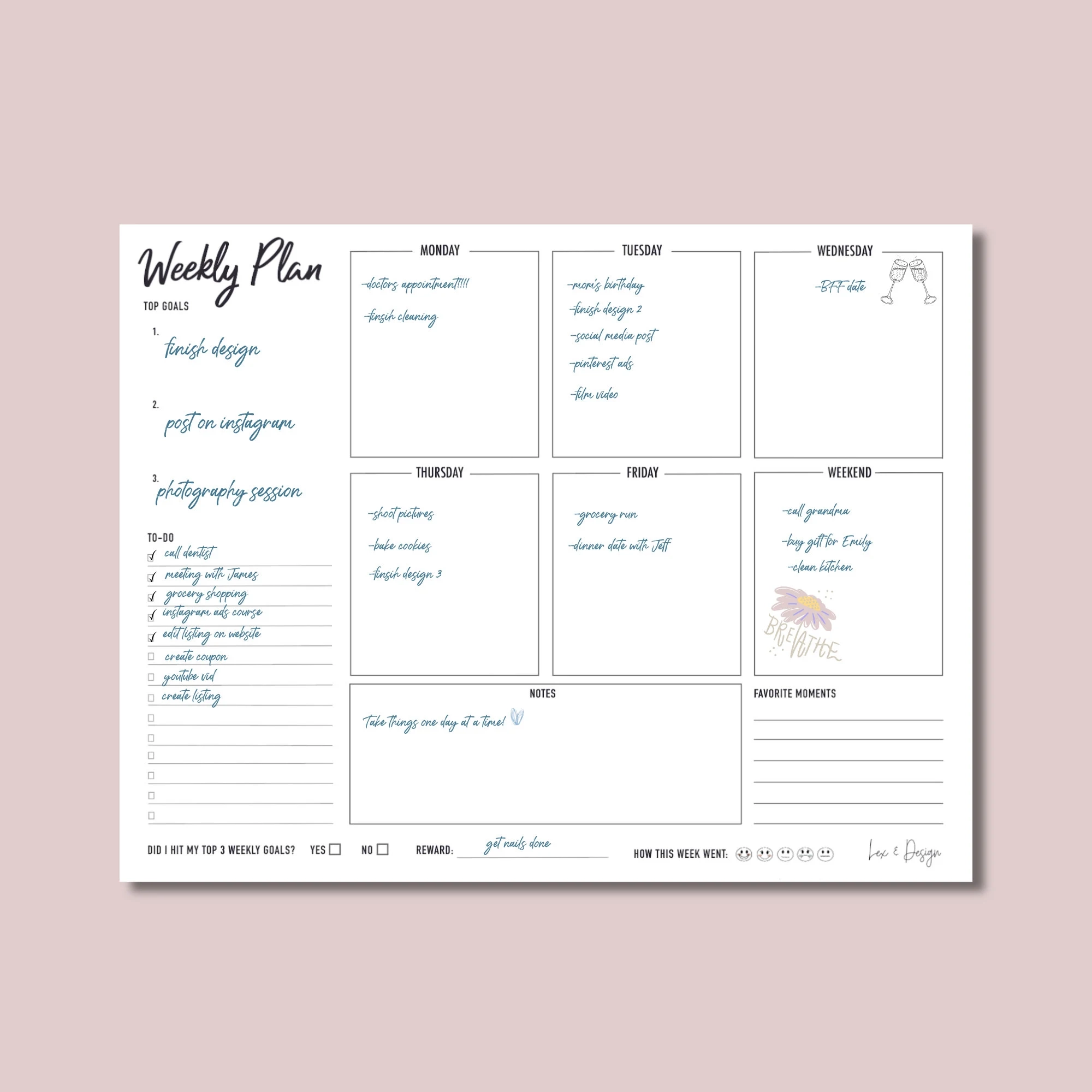 Weekly Planner Printable Weekly Schedule weekly Calendar Weekly Planner Landscape gift For Her Women Mom Friend Undated Weekly Etsy