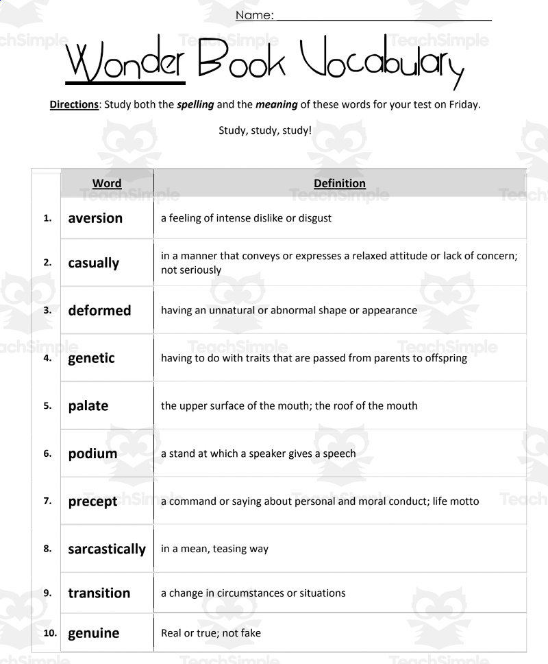 Wonder By R J Palacio Vocabulary Study By Teach Simple