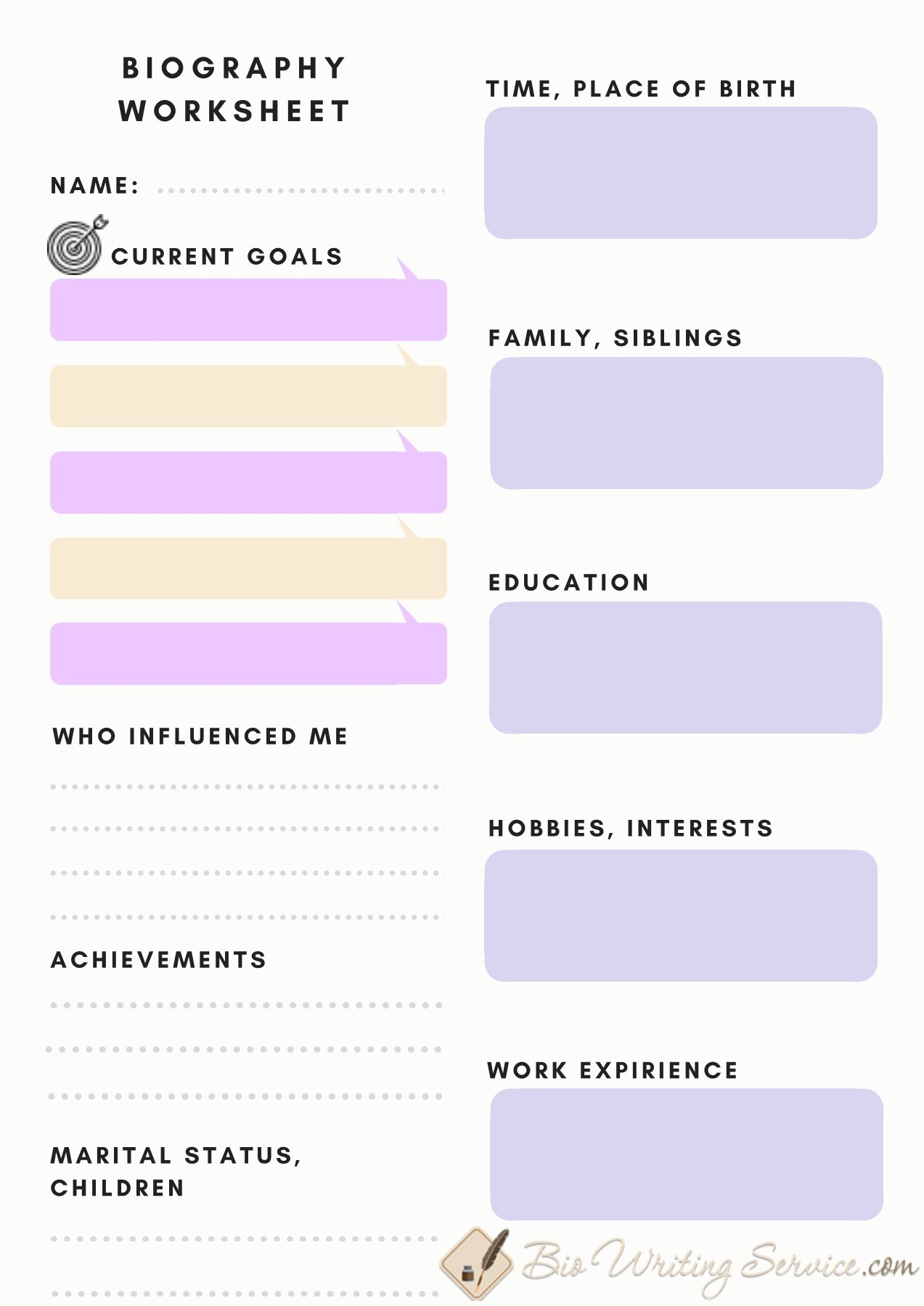 Writing Autobiography Worksheet Free Birth Worksheet Family Current Goalswho Influenced Interestsachievements Work Expiriencemarital PubHTML5
