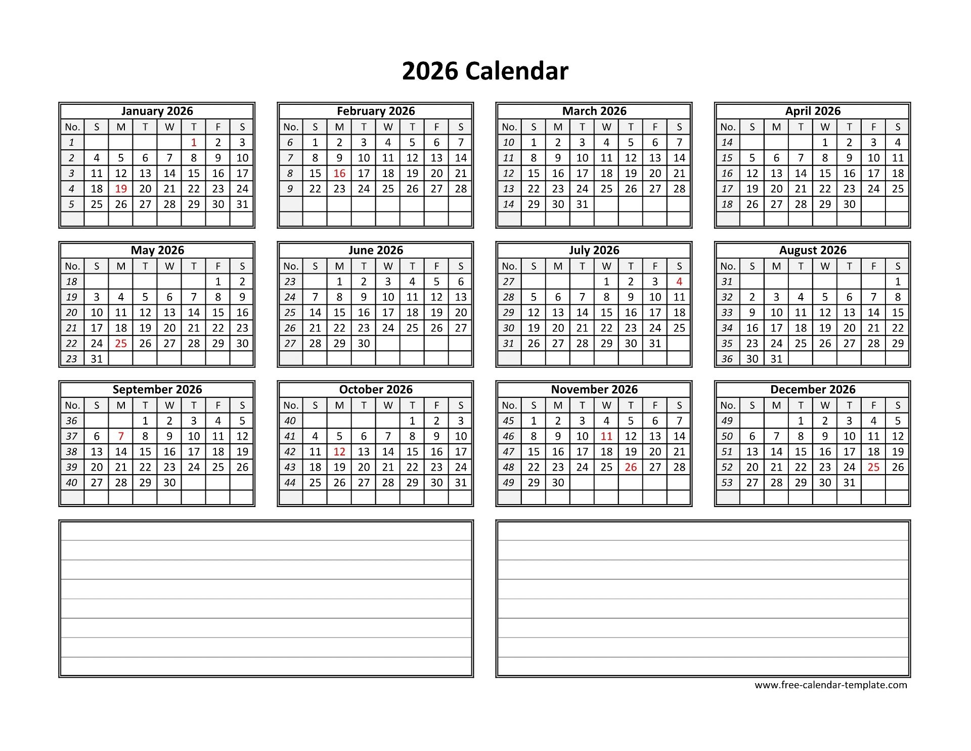 Printable 2026 Calendar With Notes